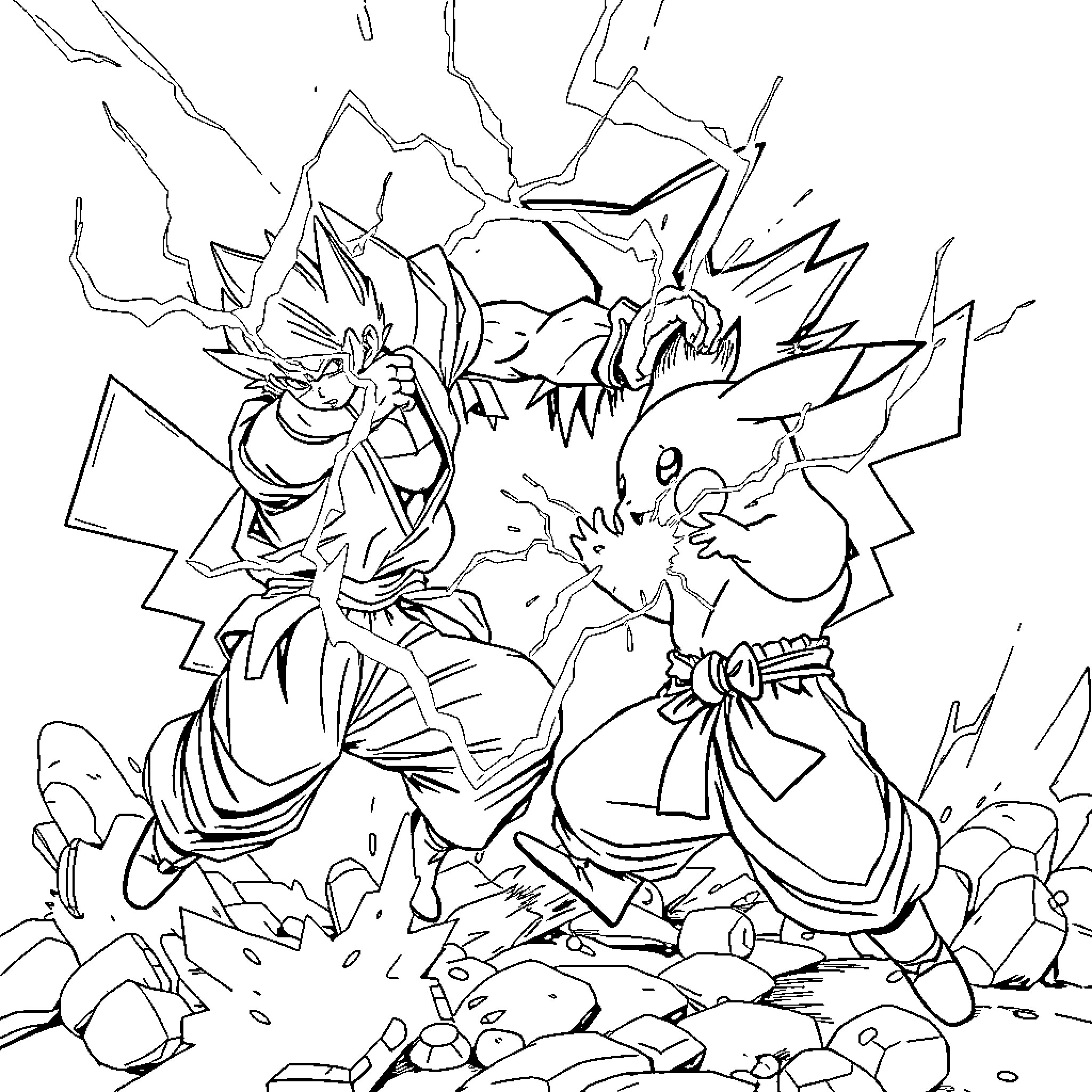 Pikachu battling against a powerful foe Coloring Page (free black-and-white line drawing printable PDF for all, from beginners to advanced learners, including children, teens, adults, and seniors)