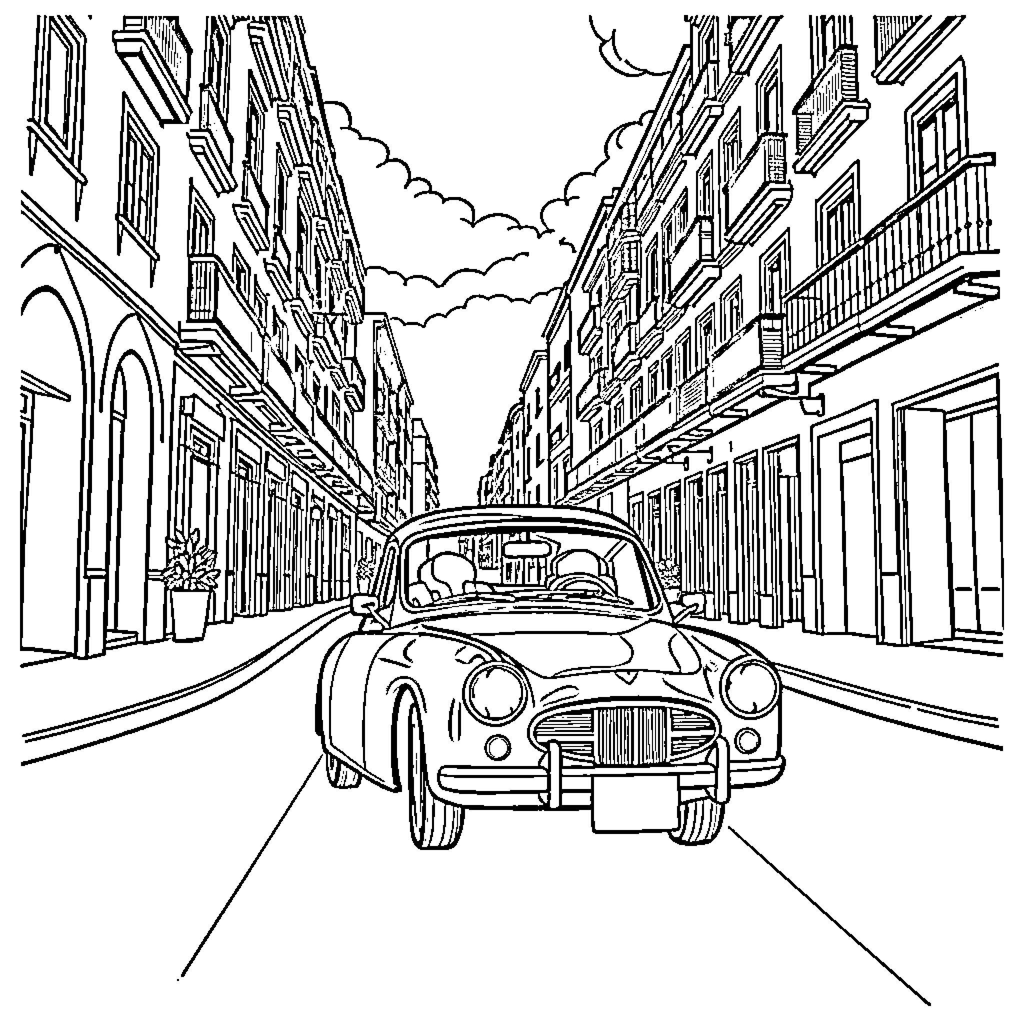 Car driving down a city street Coloring Page (free black-and-white line drawing printable PDF for all, from beginners to advanced learners, including children, teens, adults, and seniors)