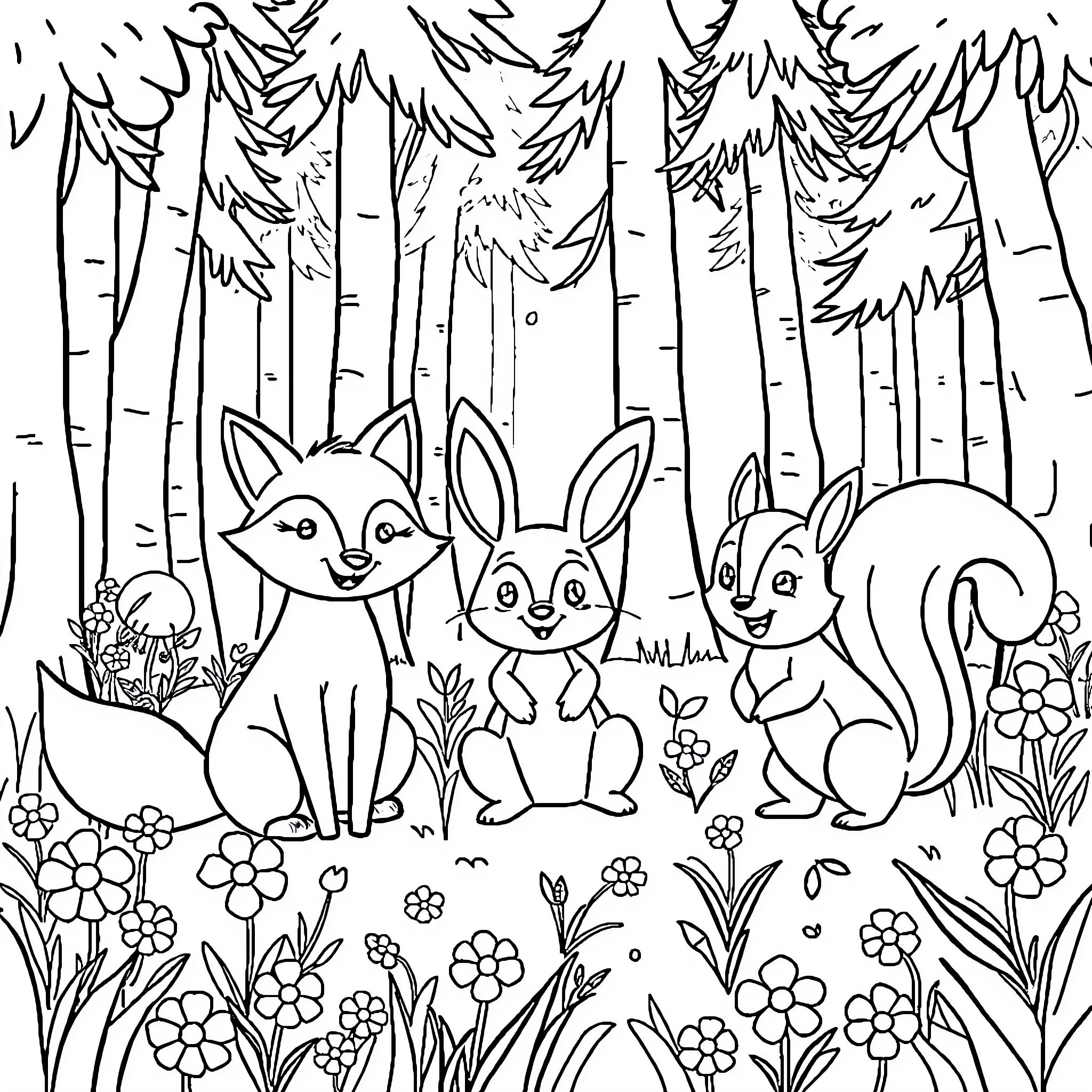 Animal friends in the forest Coloring Page (free black-and-white line drawing printable PDF for all, from beginners to advanced learners, including children, teens, adults, and seniors)