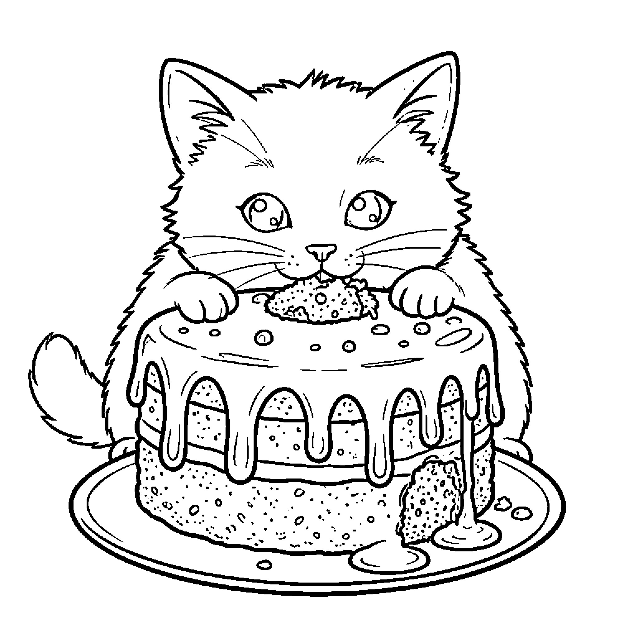 Cat enjoying a cake Coloring Page (free black-and-white line drawing printable PDF for all, from beginners to advanced learners, including children, teens, adults, and seniors)