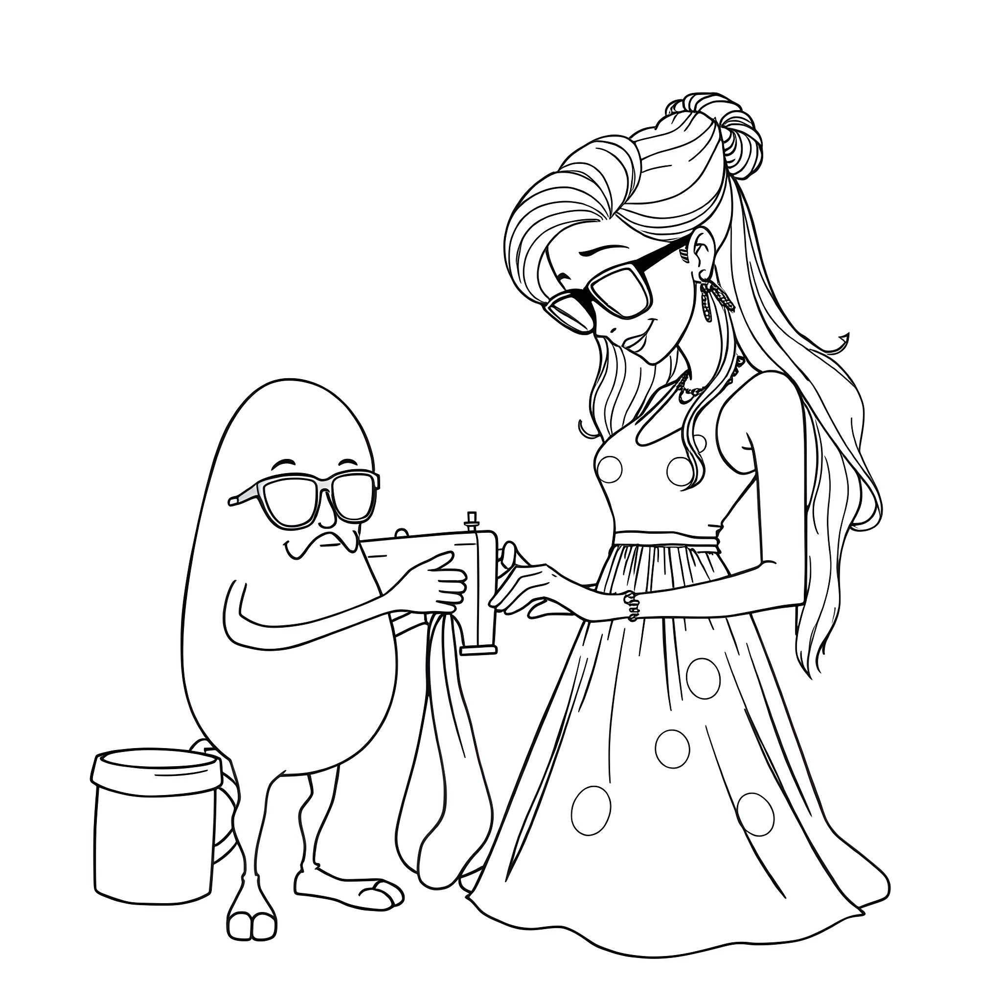 Wife helping Husband with his artistic endeavors Coloring Page (free black-and-white line drawing printable PDF for all, from beginners to advanced learners, including children, teens, adults, and seniors)