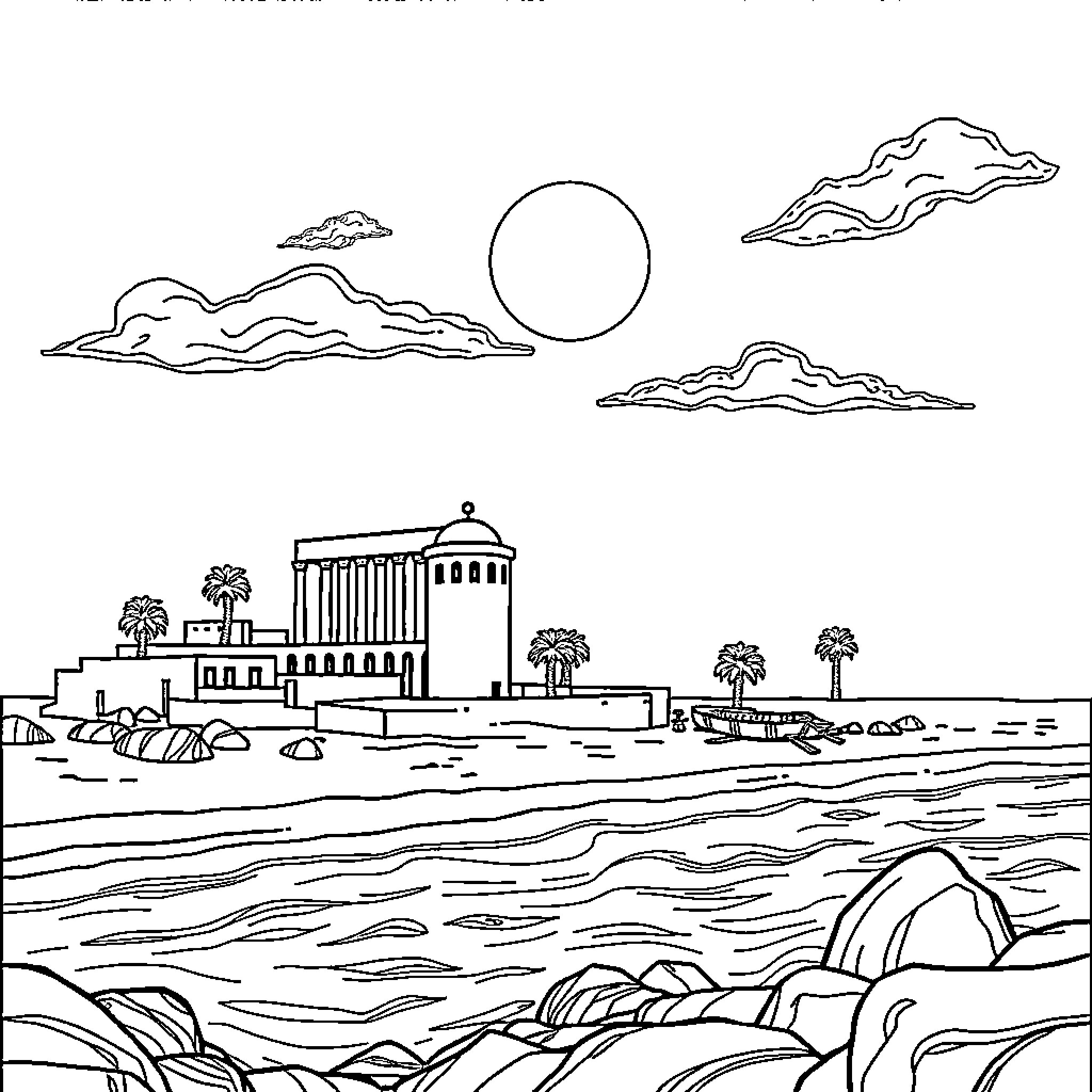 Tunisia landscape with coastal architecture and sea waves Coloring Page (free black-and-white line drawing printable PDF for all, from beginners to advanced learners, including children, teens, adults, and seniors)