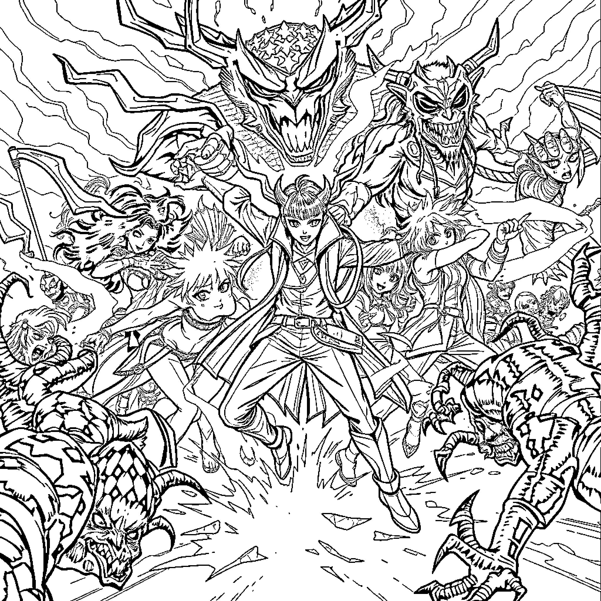 Kpop Demon Hunter: Fierce Battle Against Fantastical Foes Coloring Page (free black-and-white line drawing printable PDF for all, from beginners to advanced learners, including children, teens, adults, and seniors)