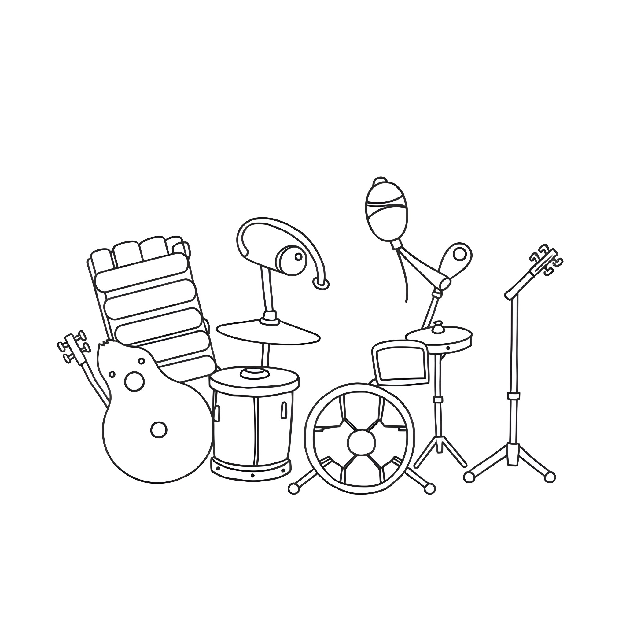 Musical Instrument ensemble with various playing postures Coloring Page (free black-and-white line drawing printable PDF for all, from beginners to advanced learners, including children, teens, adults, and seniors)