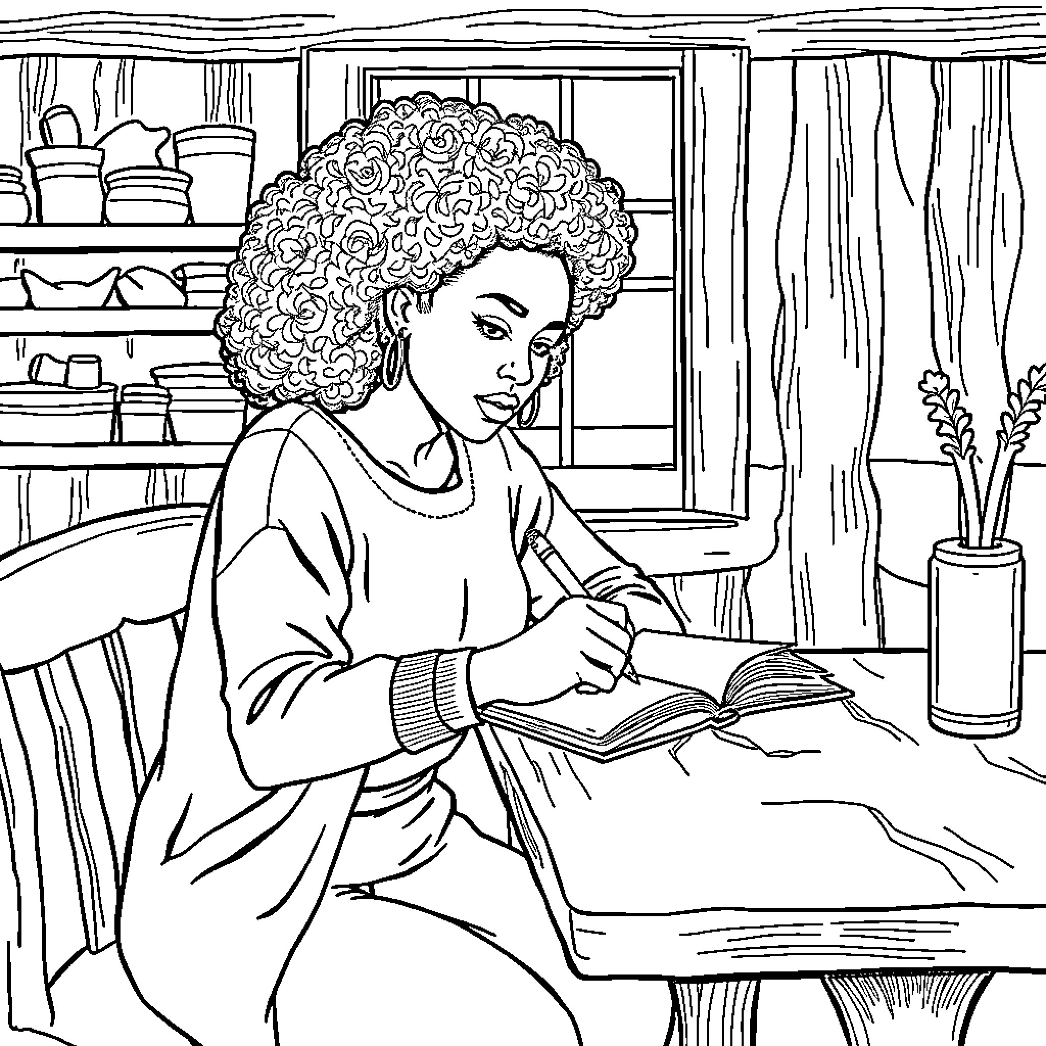 Woman reading intently in a cozy room Coloring Page (free black-and-white line drawing printable PDF for all, from beginners to advanced learners, including children, teens, adults, and seniors)
