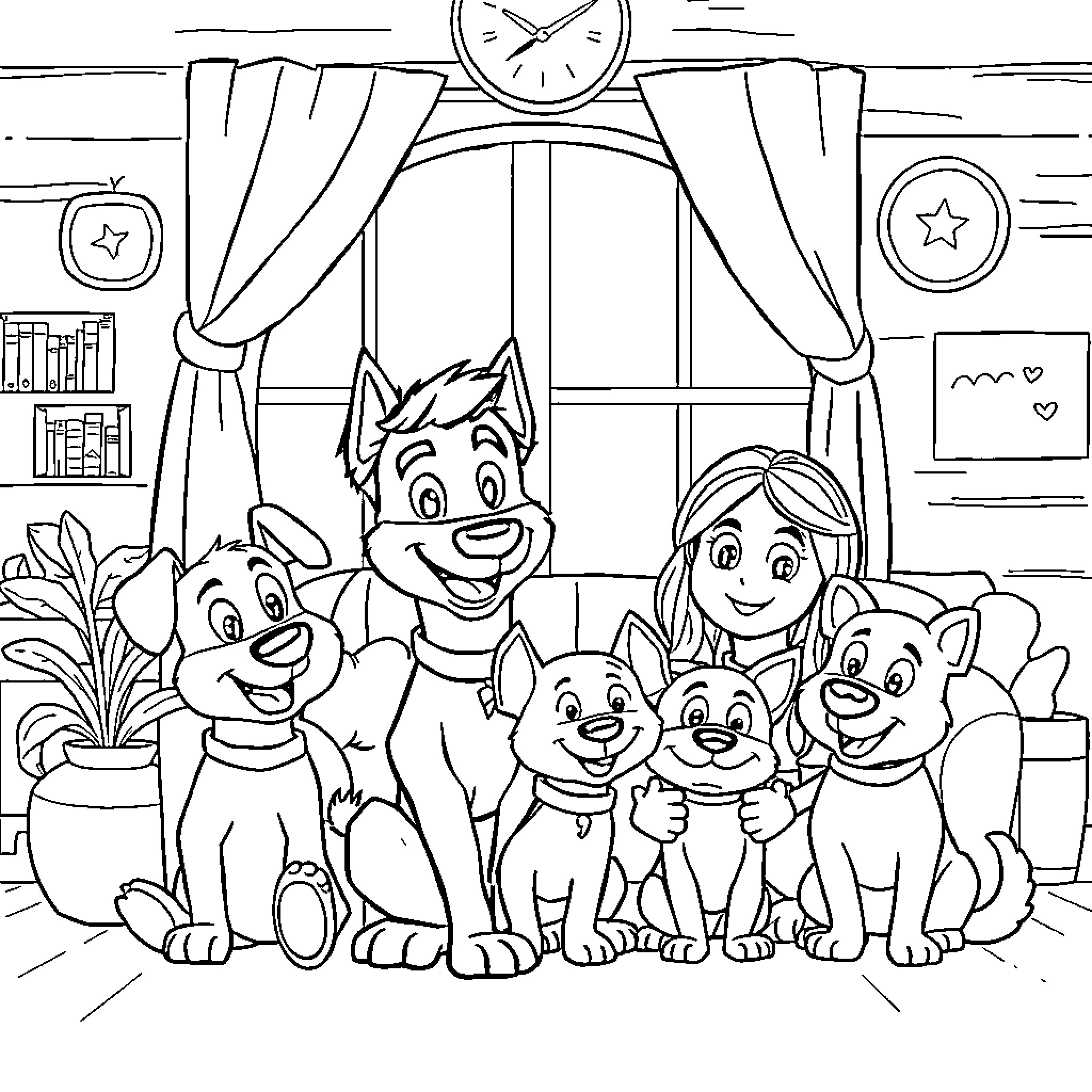 Bluey and family's cozy home adventure Coloring Page (free black-and-white line drawing printable PDF for all, from beginners to advanced learners, including children, teens, adults, and seniors)