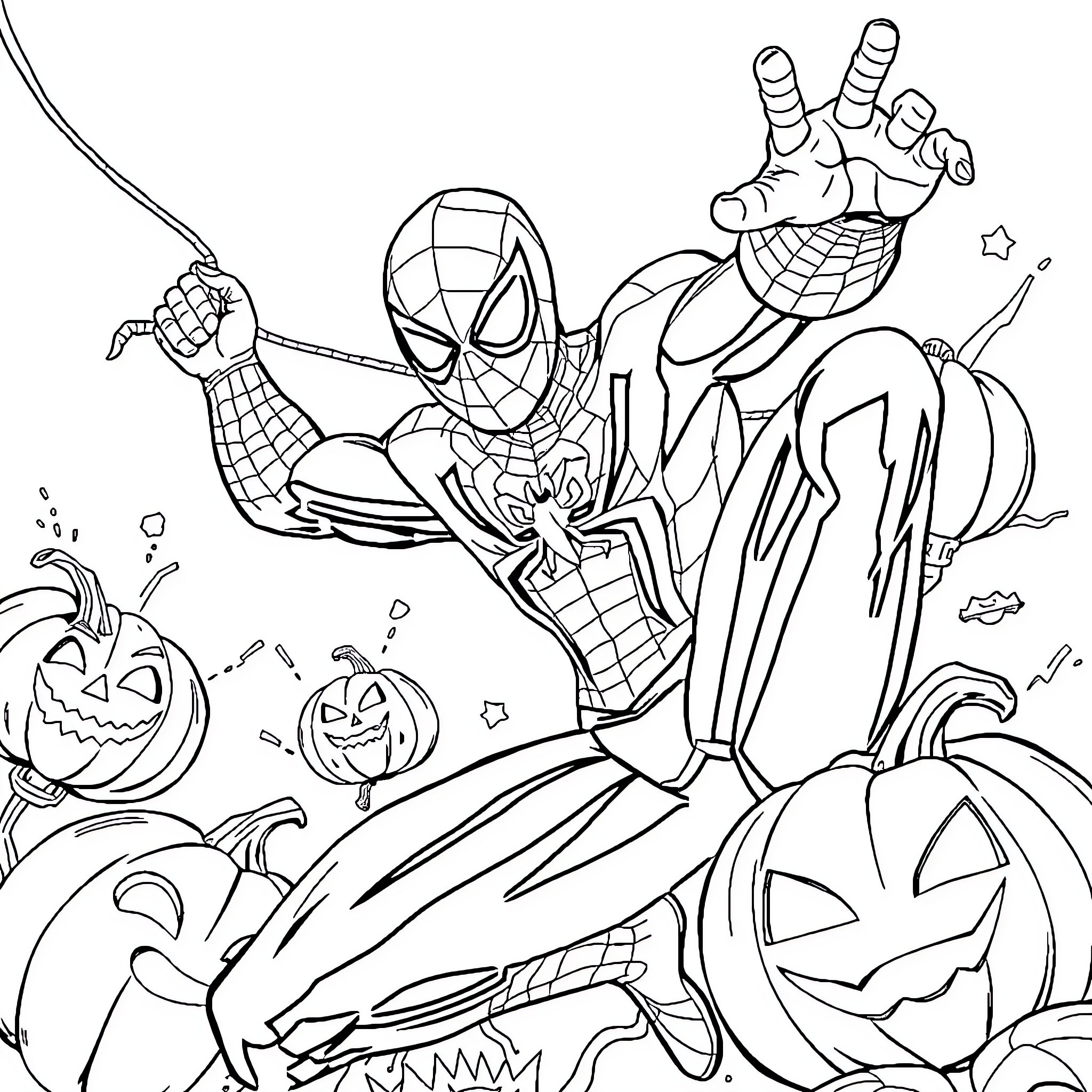 Spiderman battling Halloween monsters and pumpkins Coloring Page (free black-and-white line drawing printable PDF for all, from beginners to advanced learners, including children, teens, adults, and seniors)