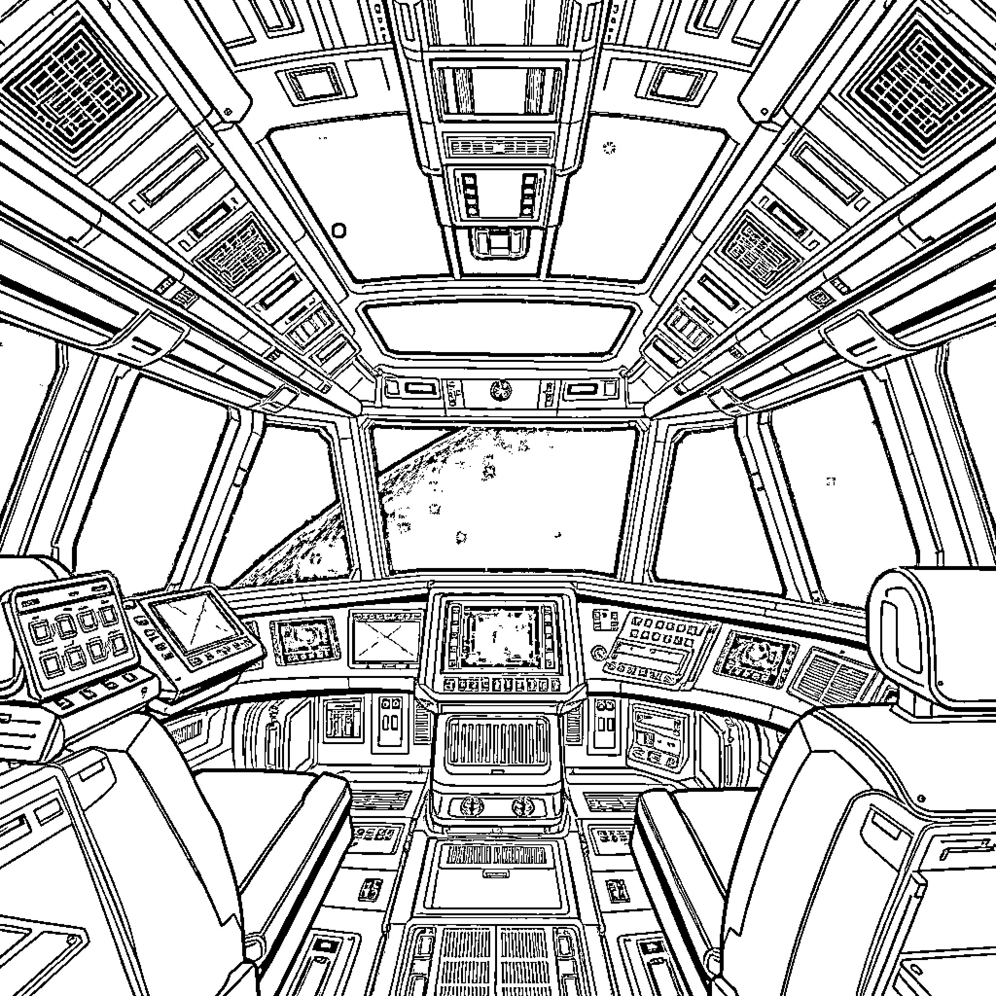 Spacecraft cockpit interior with complex controls Coloring Page (free black-and-white line drawing printable PDF for all, from beginners to advanced learners, including children, teens, adults, and seniors)