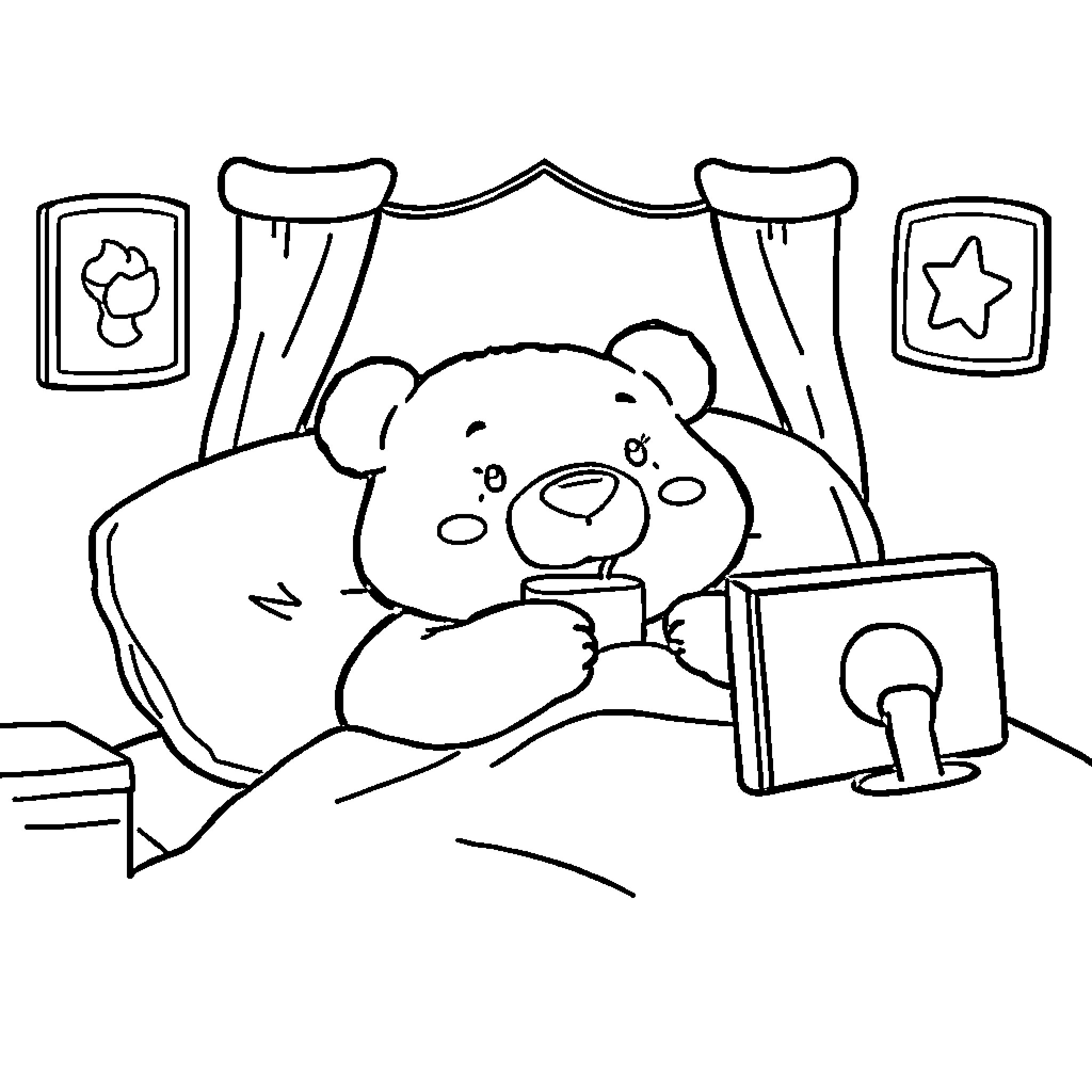 Bear relaxing and reading a book in bed Coloring Page (free black-and-white line drawing printable PDF for all, from beginners to advanced learners, including children, teens, adults, and seniors)