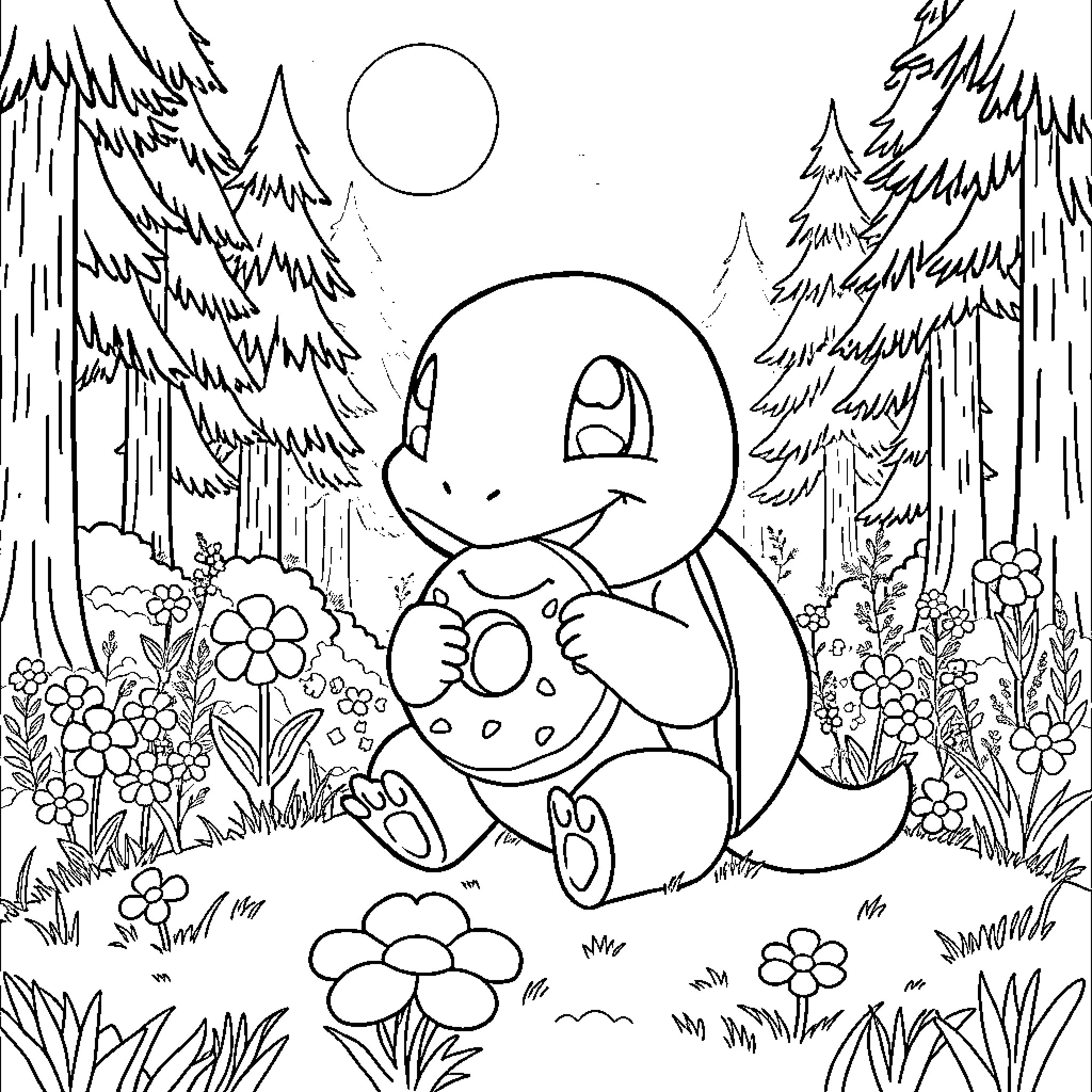 Squirtle enjoying a peaceful day in the forest Coloring Page (free black-and-white line drawing printable PDF for all, from beginners to advanced learners, including children, teens, adults, and seniors)