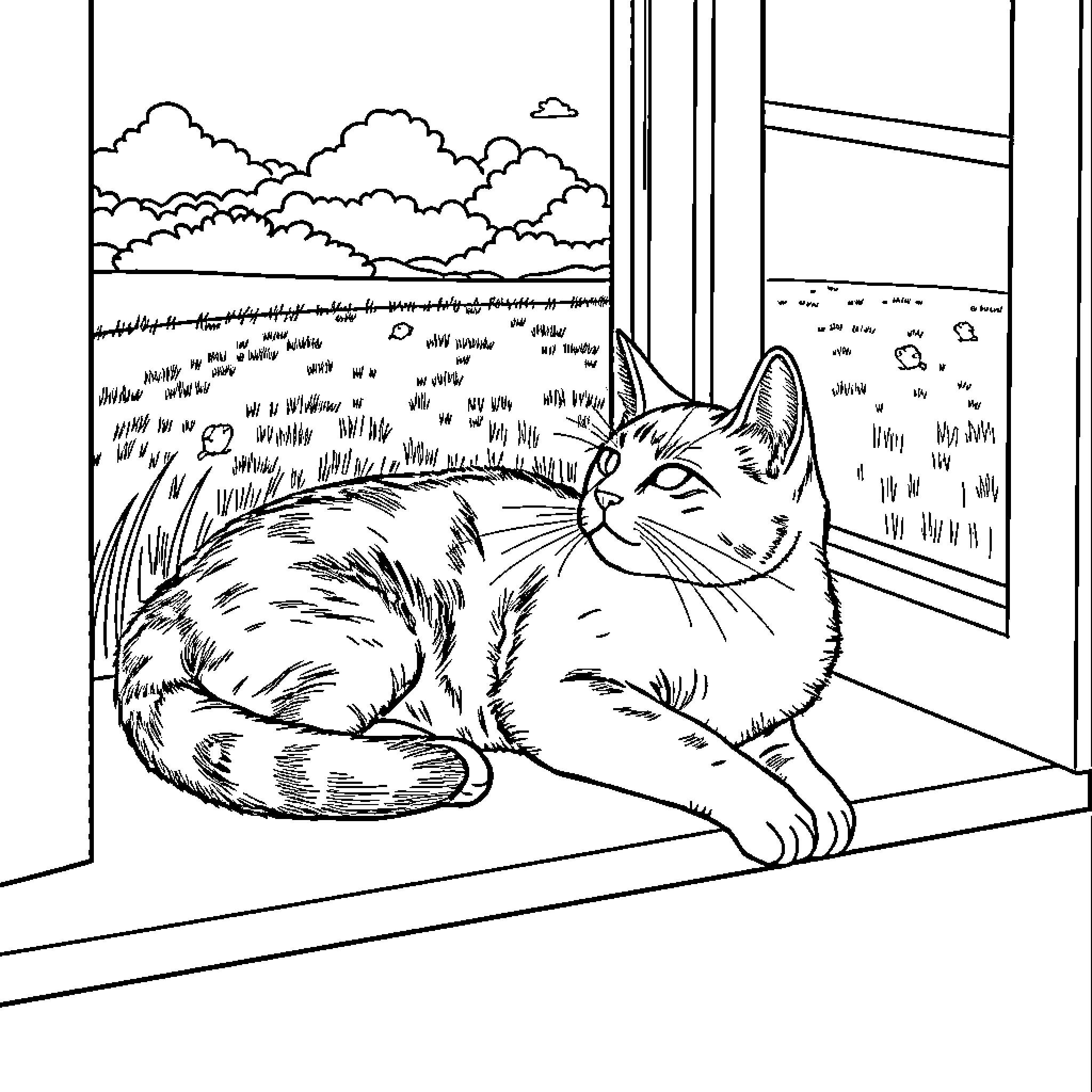 British Shorthair cat relaxing by the window Coloring Page (free black-and-white line drawing printable PDF for all, from beginners to advanced learners, including children, teens, adults, and seniors)