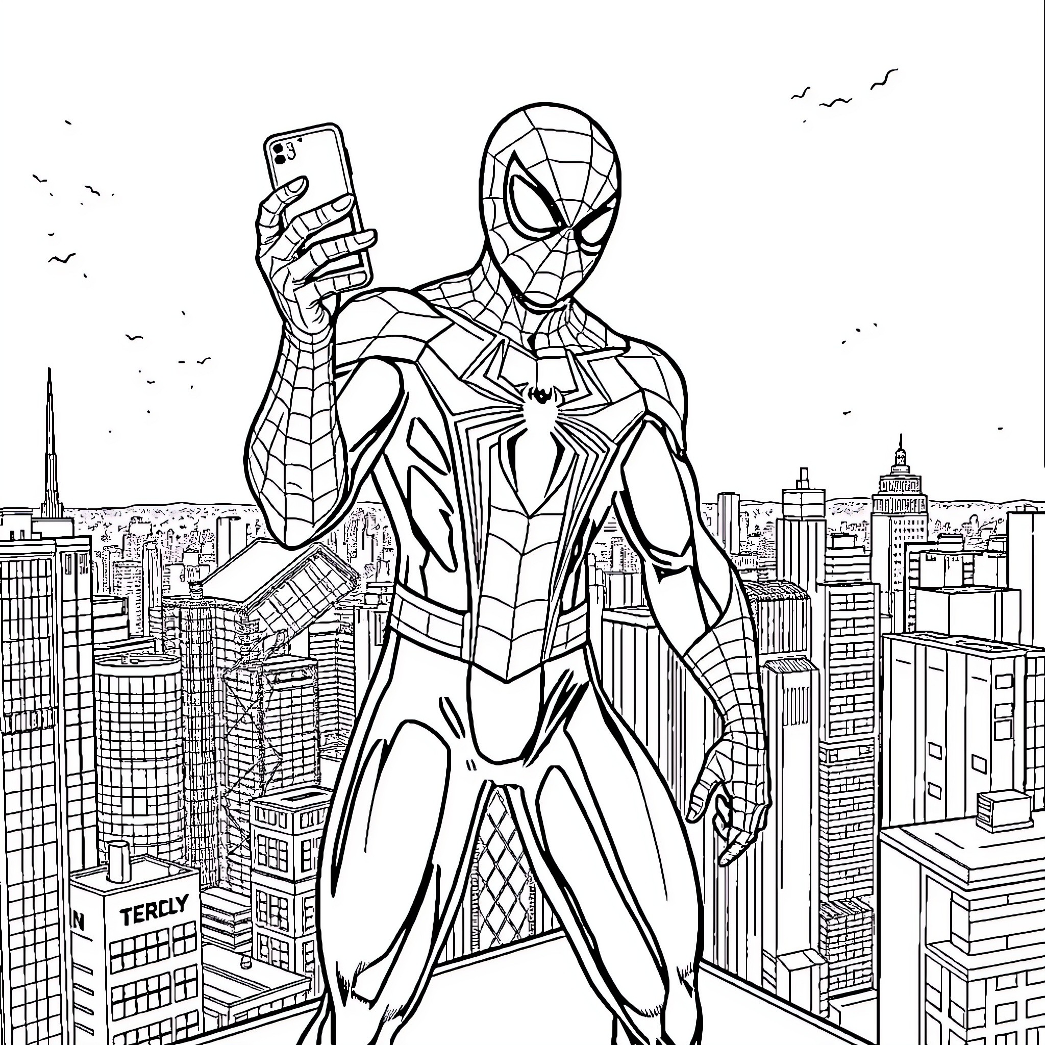 Spiderman swinging through the city skyline Coloring Page (free black-and-white line drawing printable PDF for all, from beginners to advanced learners, including children, teens, adults, and seniors)