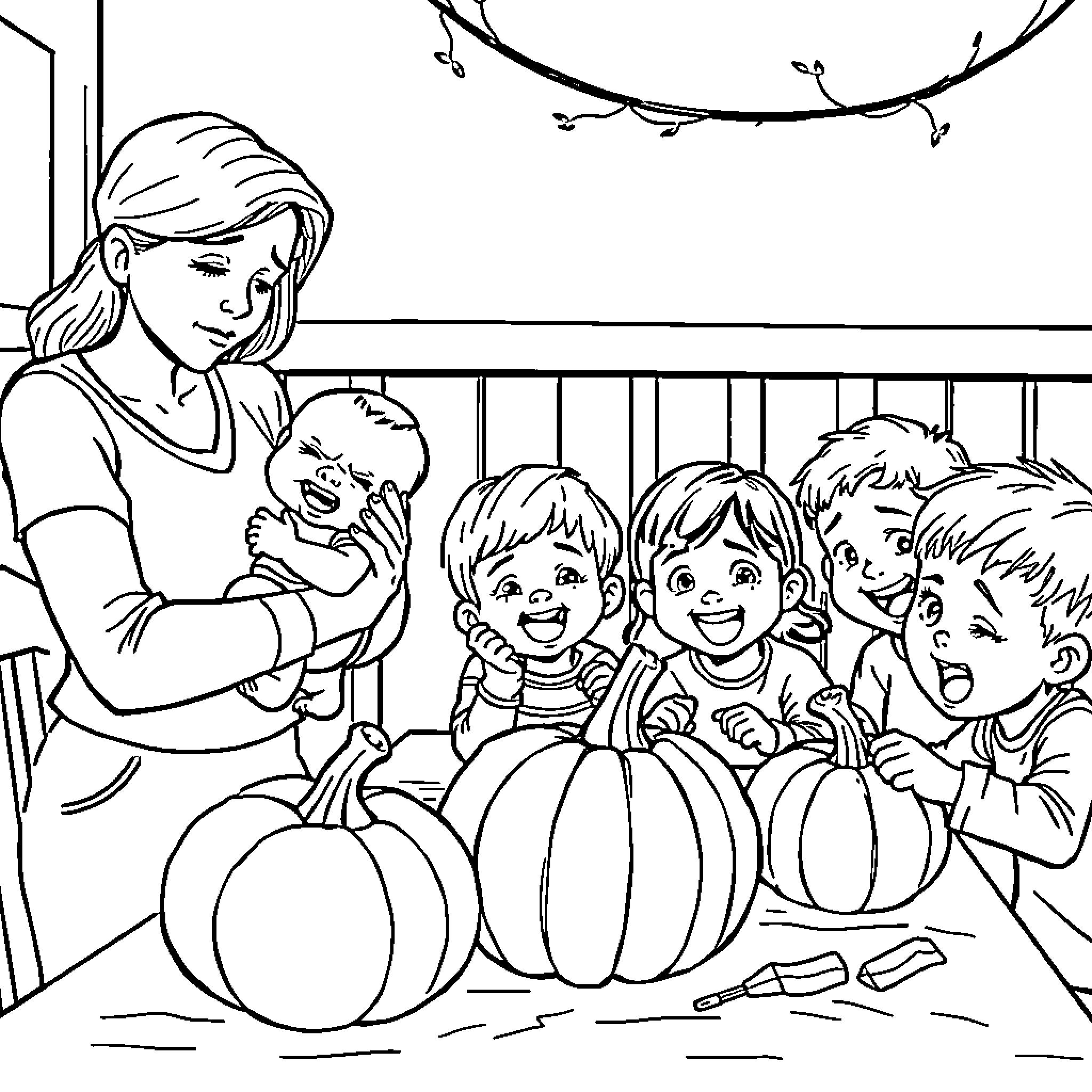 Woman caring for children playing with pumpkins Coloring Page (free black-and-white line drawing printable PDF for all, from beginners to advanced learners, including children, teens, adults, and seniors)