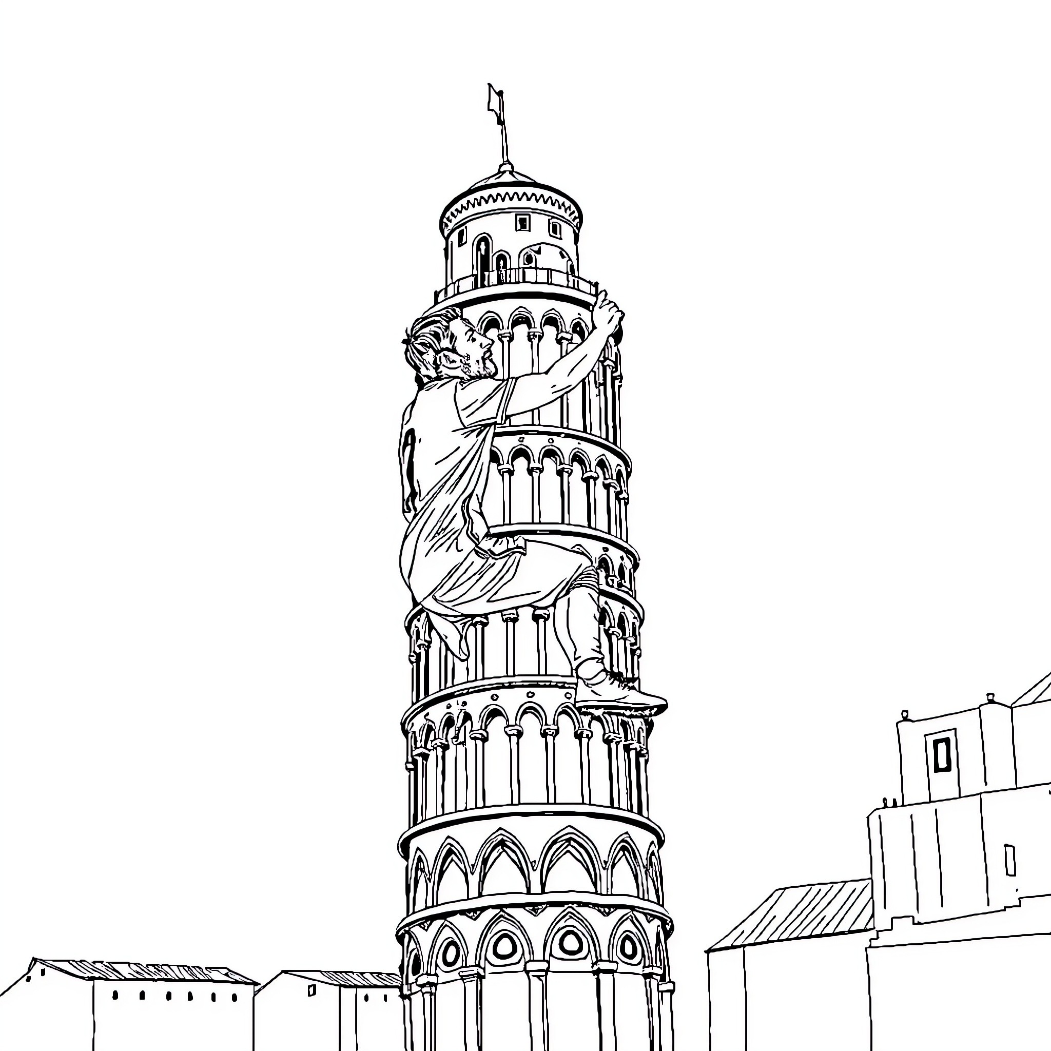 Messi in front of the Leaning Tower of Pisa Coloring Page (free black-and-white line drawing printable PDF for all, from beginners to advanced learners, including children, teens, adults, and seniors)