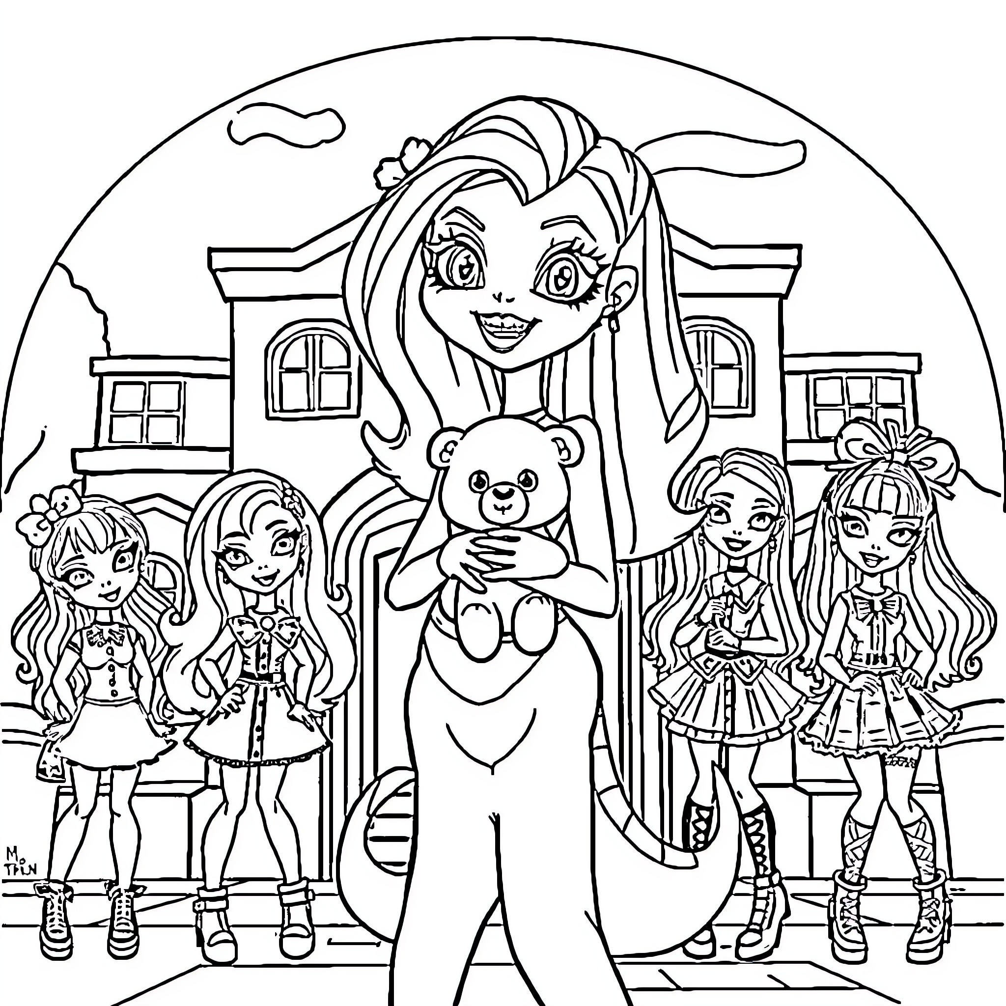 Draculara and her monstrous friends at school Coloring Page (free black-and-white line drawing printable PDF for all, from beginners to advanced learners, including children, teens, adults, and seniors)