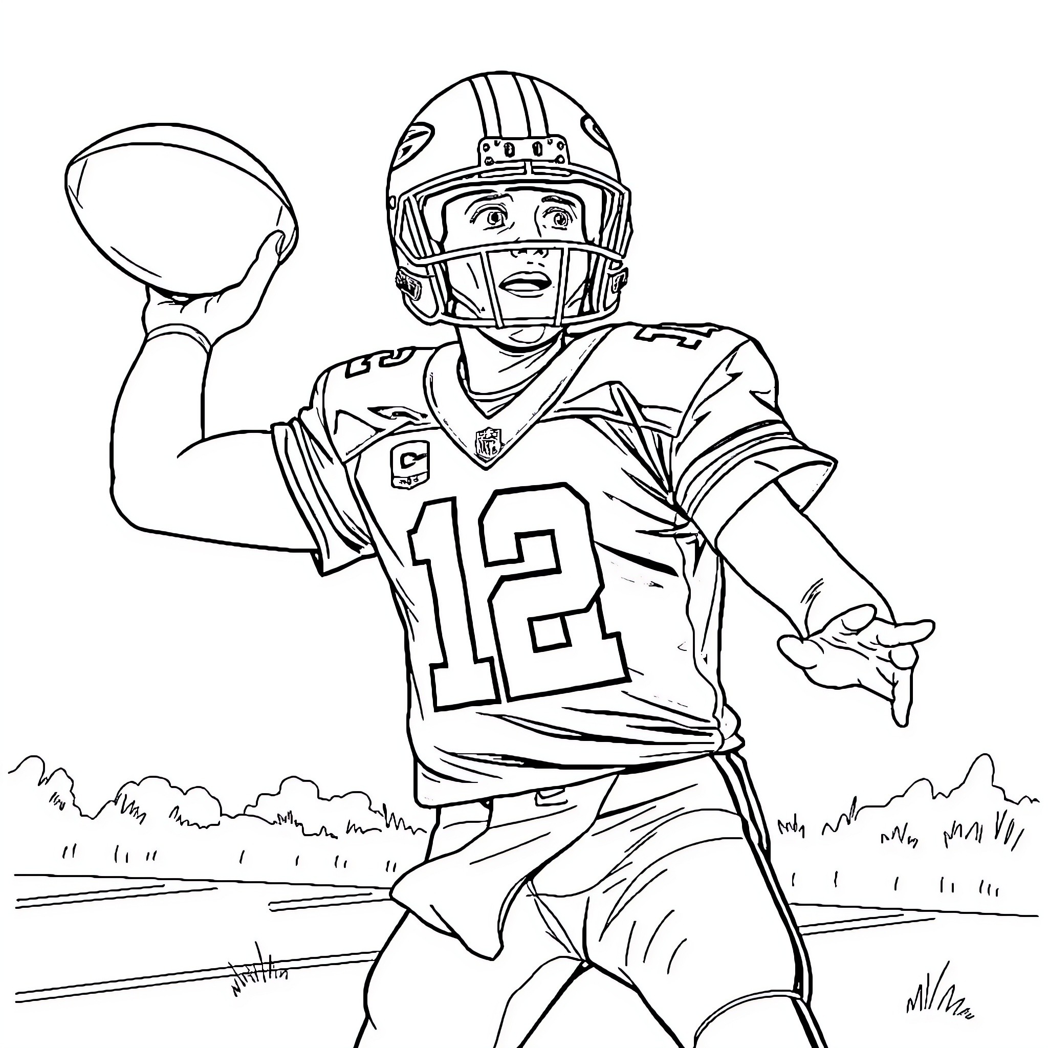 Jordan playing football on the field Coloring Page (free black-and-white line drawing printable PDF for all, from beginners to advanced learners, including children, teens, adults, and seniors)