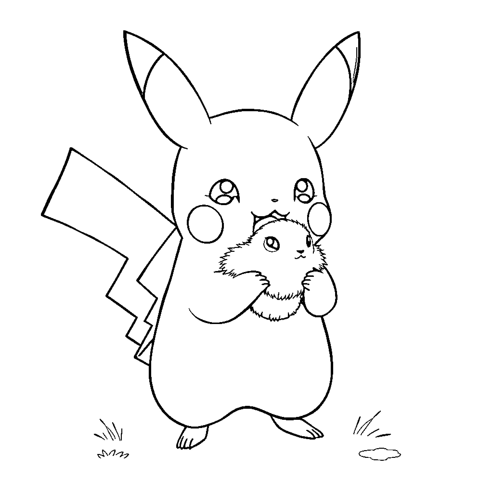 Pikachu holding a small fluffy creature Coloring Page (free black-and-white line drawing printable PDF for all, from beginners to advanced learners, including children, teens, adults, and seniors)