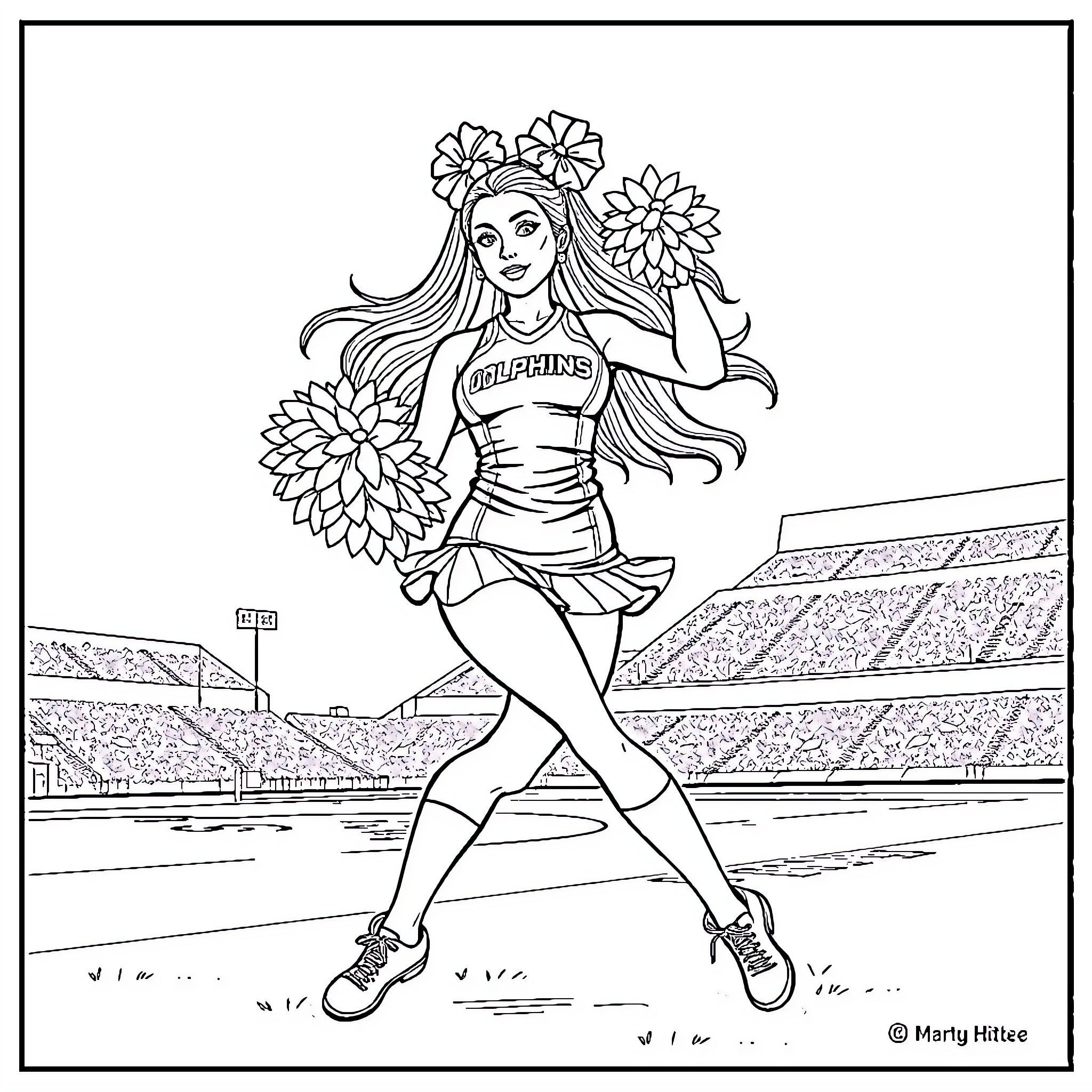 Miami Dolphins Cheerleader Performing with Pom-poms at Stadium Coloring Page (free black-and-white line drawing printable PDF for all, from beginners to advanced learners, including children, teens, adults, and seniors)