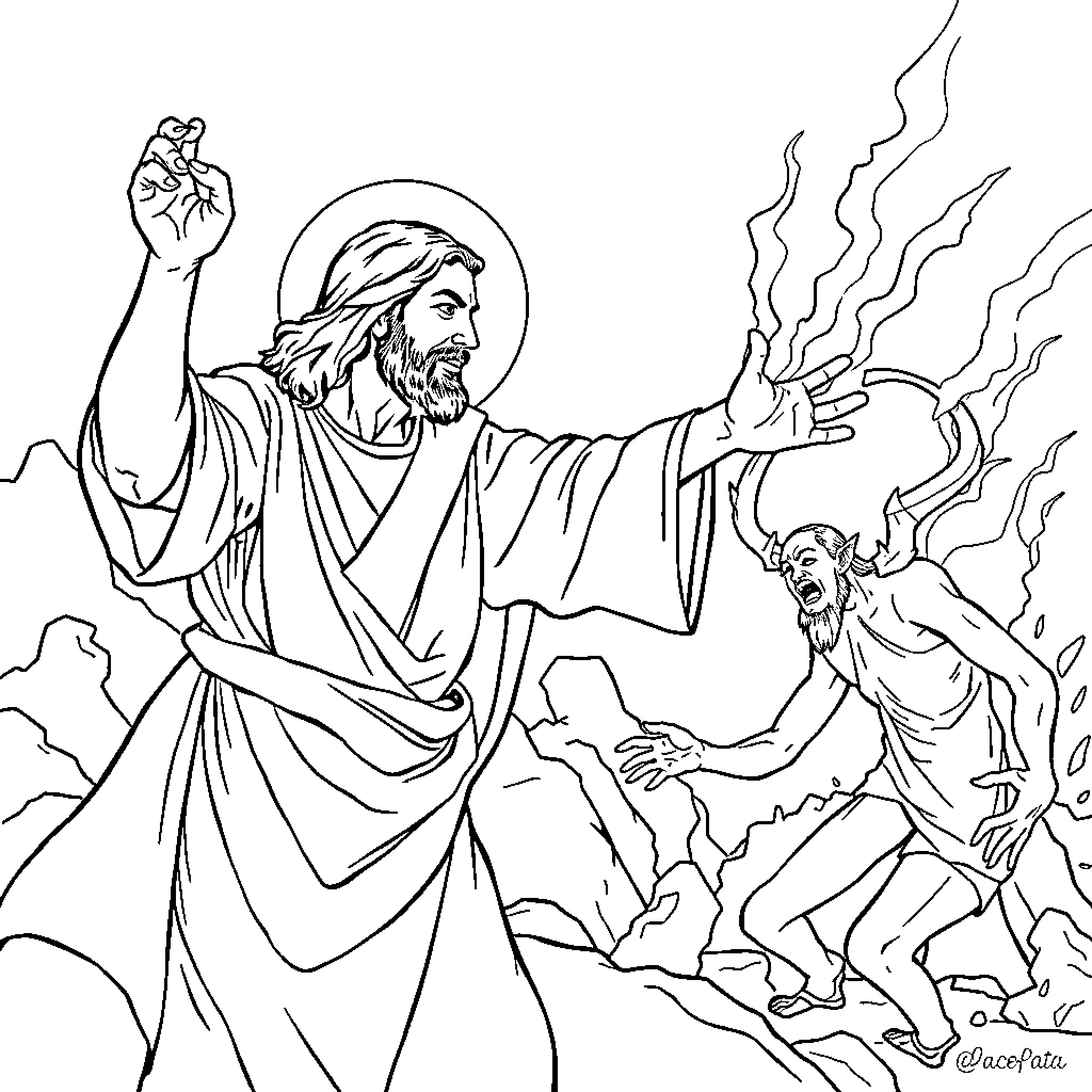 Jesus Confronting the Evil Spirit Coloring Page (free black-and-white line drawing printable PDF for all, from beginners to advanced learners, including children, teens, adults, and seniors)