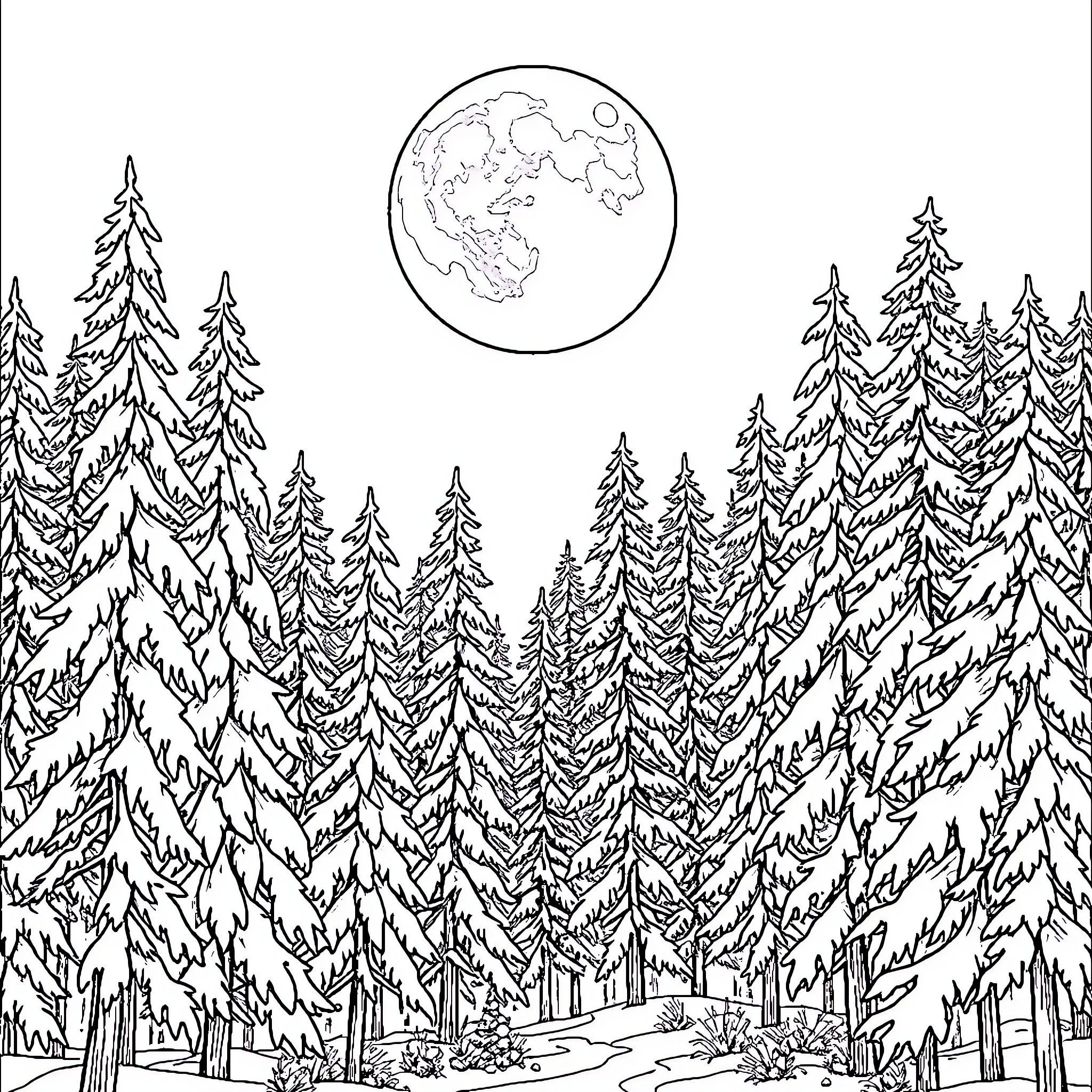 Moon shining over snowy forest landscape Coloring Page (free black-and-white line drawing printable PDF for all, from beginners to advanced learners, including children, teens, adults, and seniors)