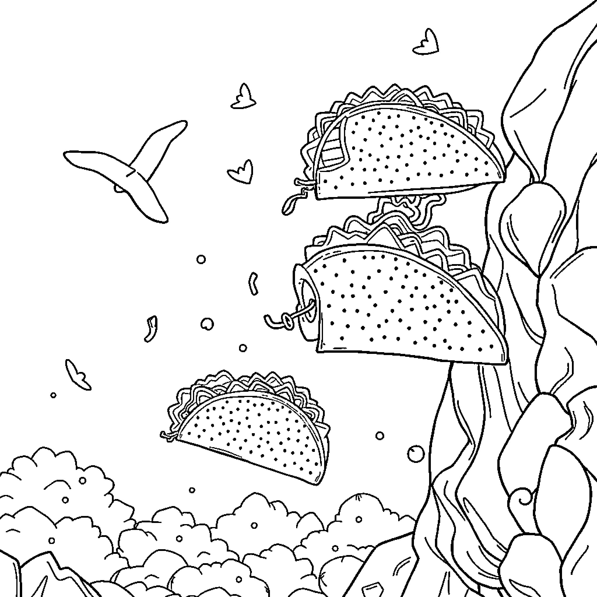 Tacos dancing and floating in the clouds Coloring Page (free black-and-white line drawing printable PDF for all, from beginners to advanced learners, including children, teens, adults, and seniors)