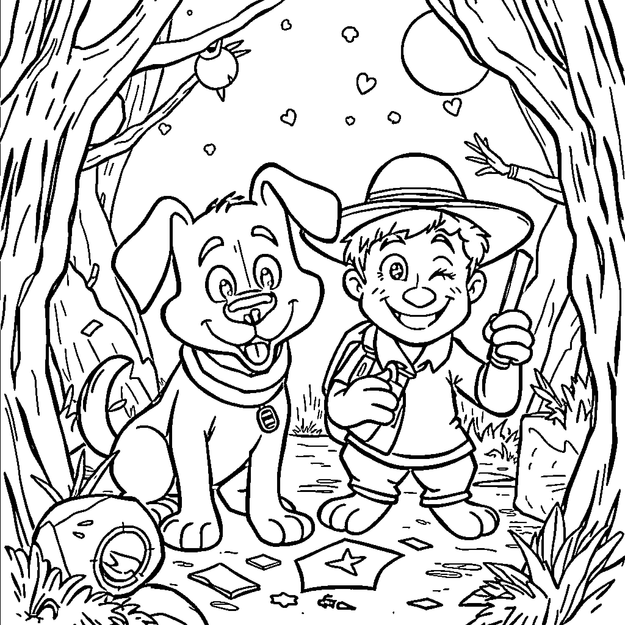 Blue Pals Explore Magical Forest Coloring Page (free black-and-white line drawing printable PDF for all, from beginners to advanced learners, including children, teens, adults, and seniors)