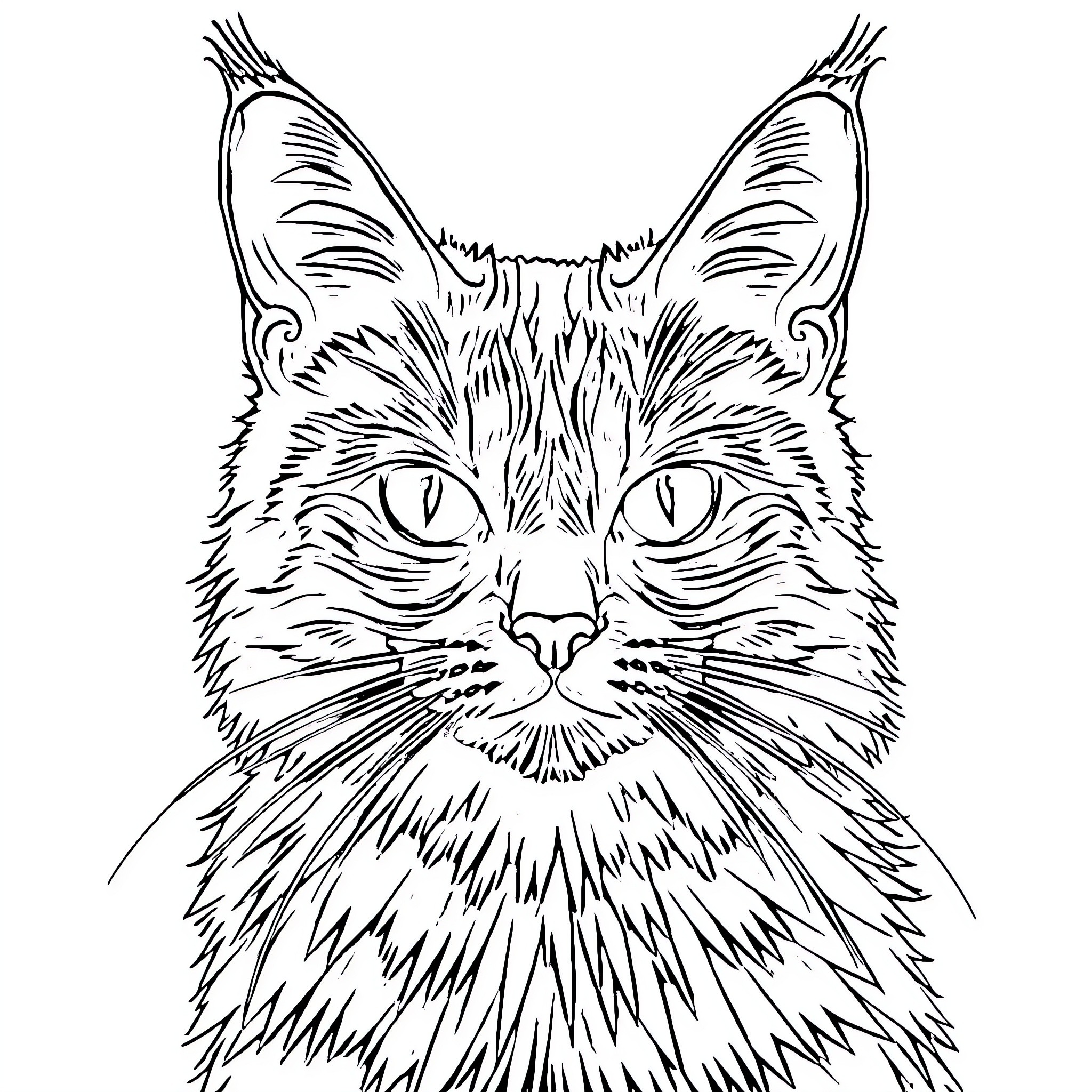 Maine Coon cat close-up portrait Coloring Page (free black-and-white line drawing printable PDF for all, from beginners to advanced learners, including children, teens, adults, and seniors)