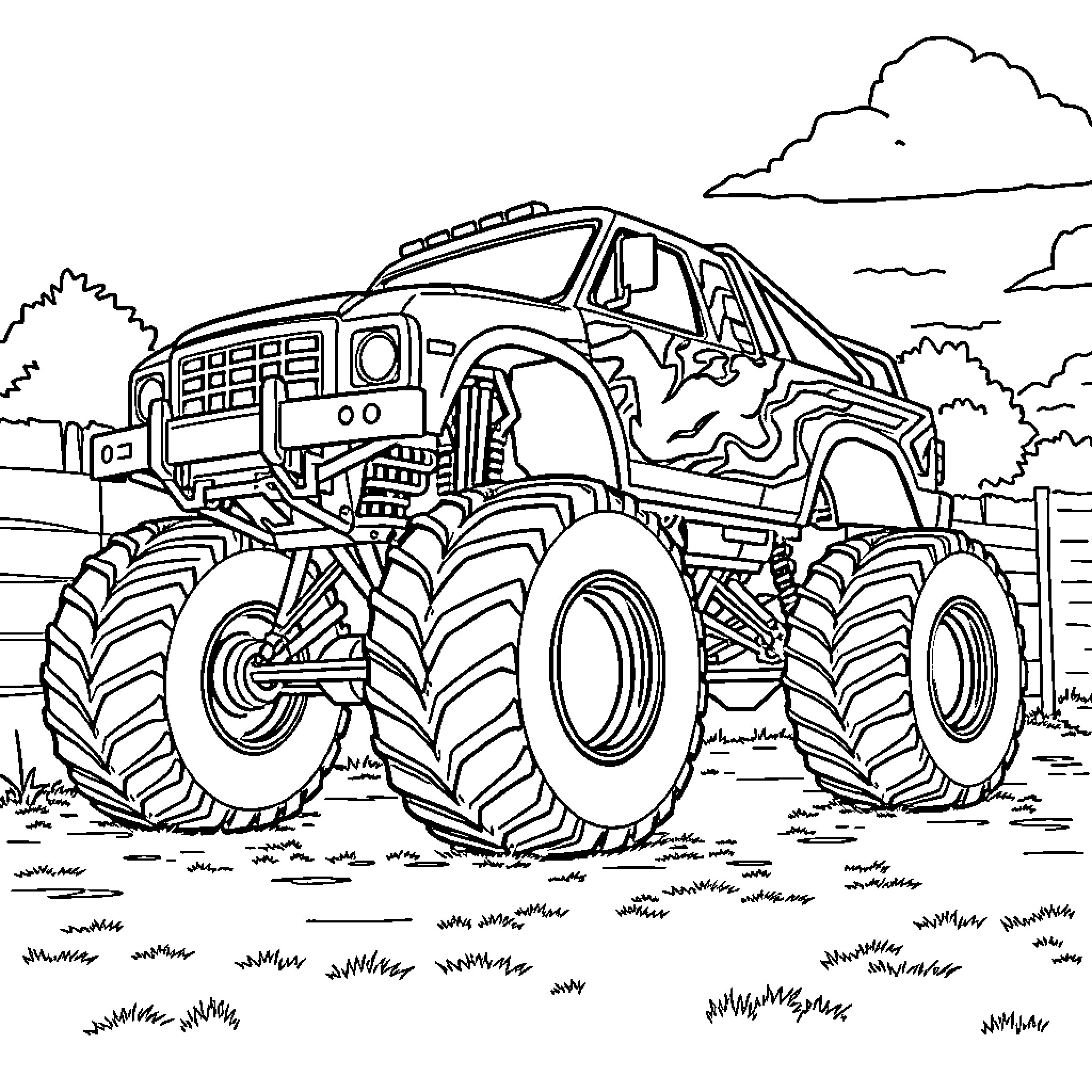 Monster Truck crushing through the countryside Coloring Page (free black-and-white line drawing printable PDF for all, from beginners to advanced learners, including children, teens, adults, and seniors)