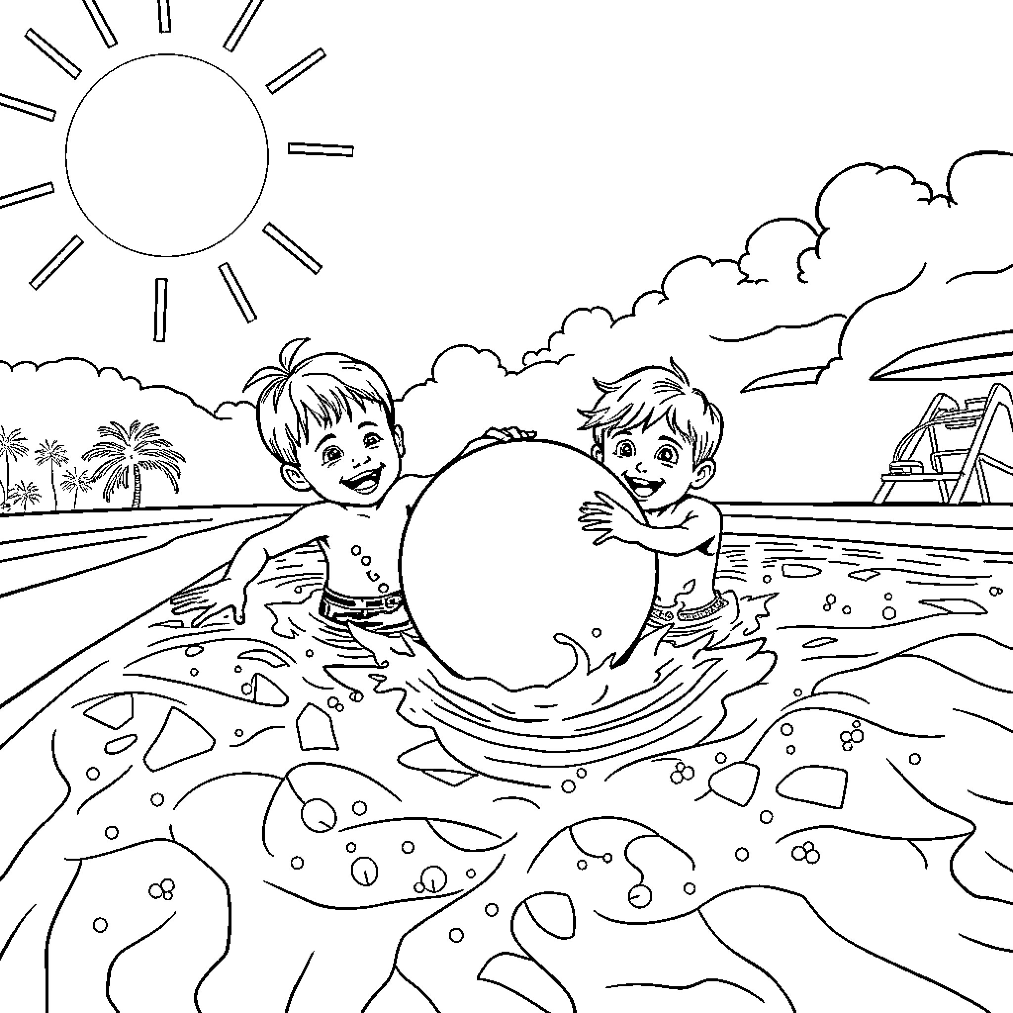 Kids playing joyfully in the ocean waves Coloring Page (free black-and-white line drawing printable PDF for all, from beginners to advanced learners, including children, teens, adults, and seniors)