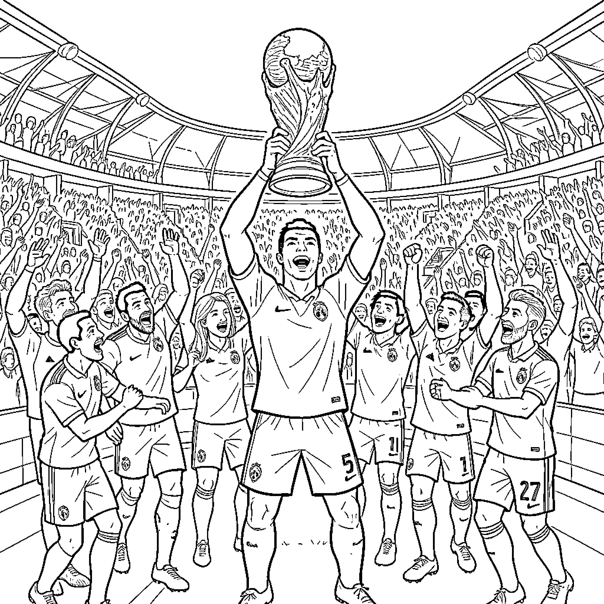 Cristiano Ronaldo lifting a trophy with teammates celebrating Coloring Page (free black-and-white line drawing printable PDF for all, from beginners to advanced learners, including children, teens, adults, and seniors)