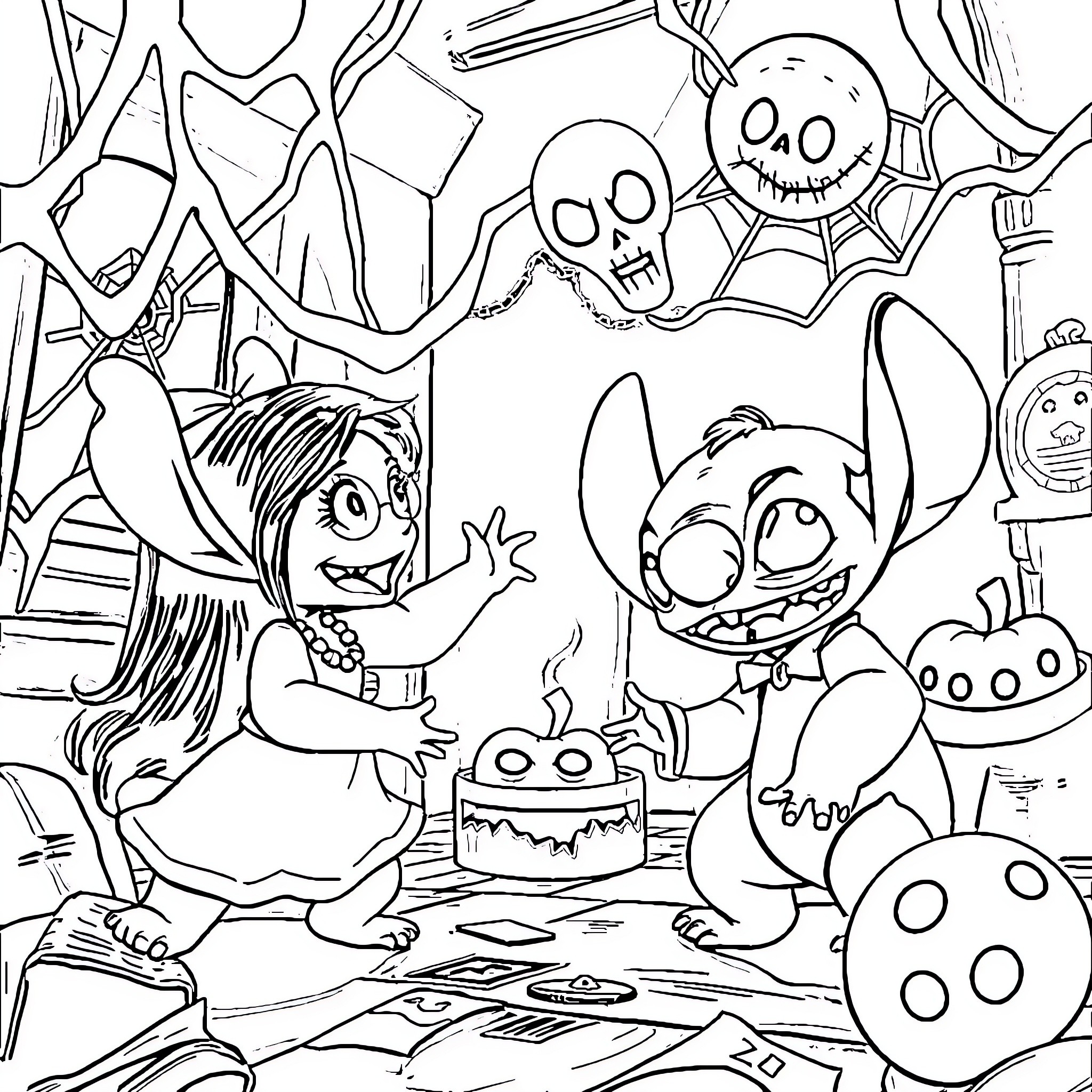 Lilo and Stitch Celebrate a Spooky Birthday Party Coloring Page (free black-and-white line drawing printable PDF for all, from beginners to advanced learners, including children, teens, adults, and seniors)