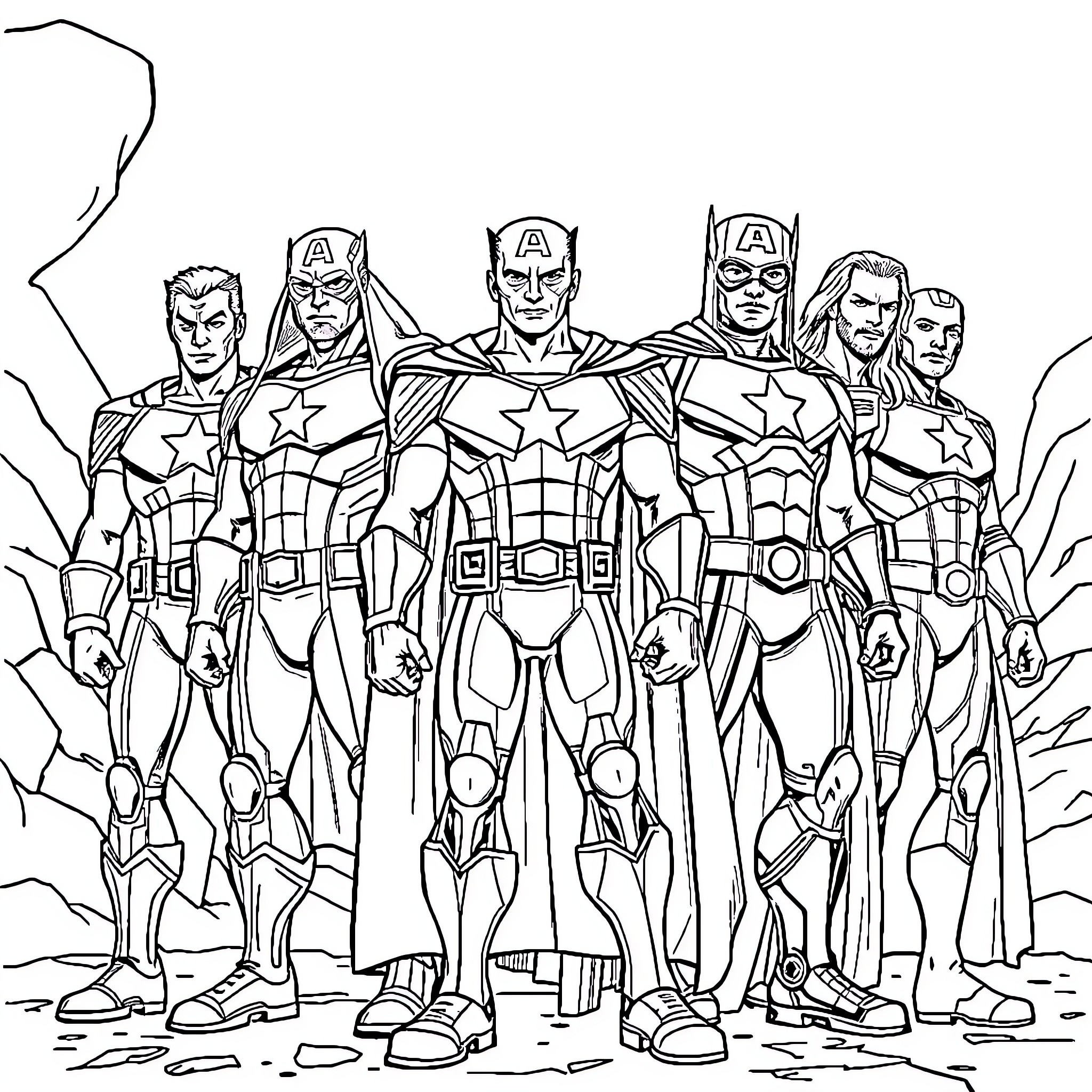 Avenger Heroes Banding Together in Action Coloring Page (free black-and-white line drawing printable PDF for all, from beginners to advanced learners, including children, teens, adults, and seniors)