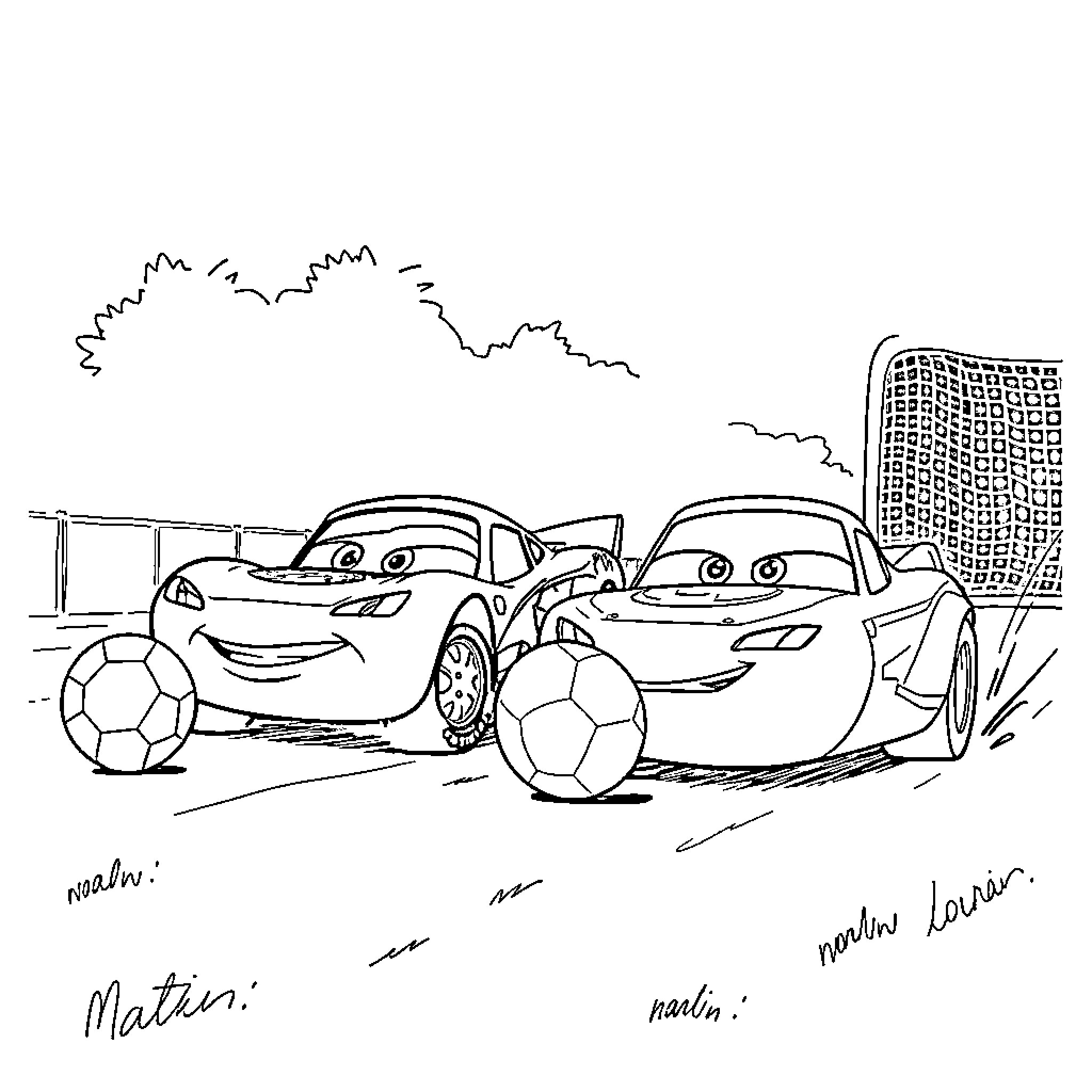 Flash McQueen playing soccer with a friend Coloring Page (free black-and-white line drawing printable PDF for all, from beginners to advanced learners, including children, teens, adults, and seniors)