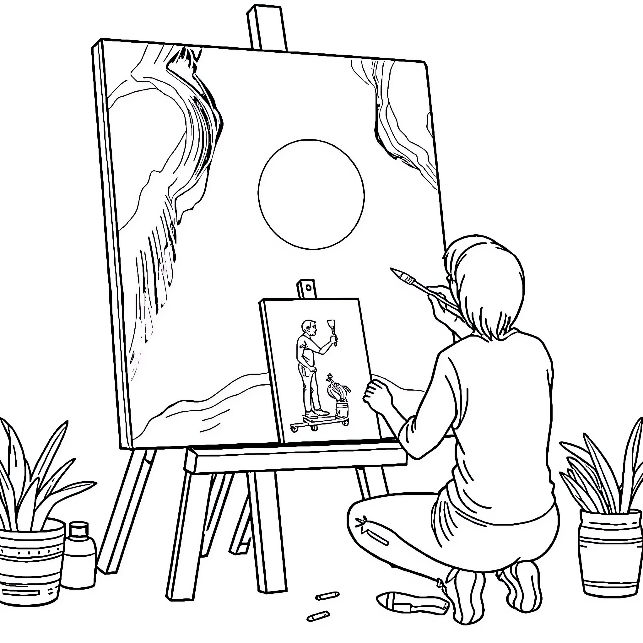 Person drawing a painting on an easel in a natural setting Coloring Page (free black-and-white line drawing printable PDF for all, from beginners to advanced learners, including children, teens, adults, and seniors)