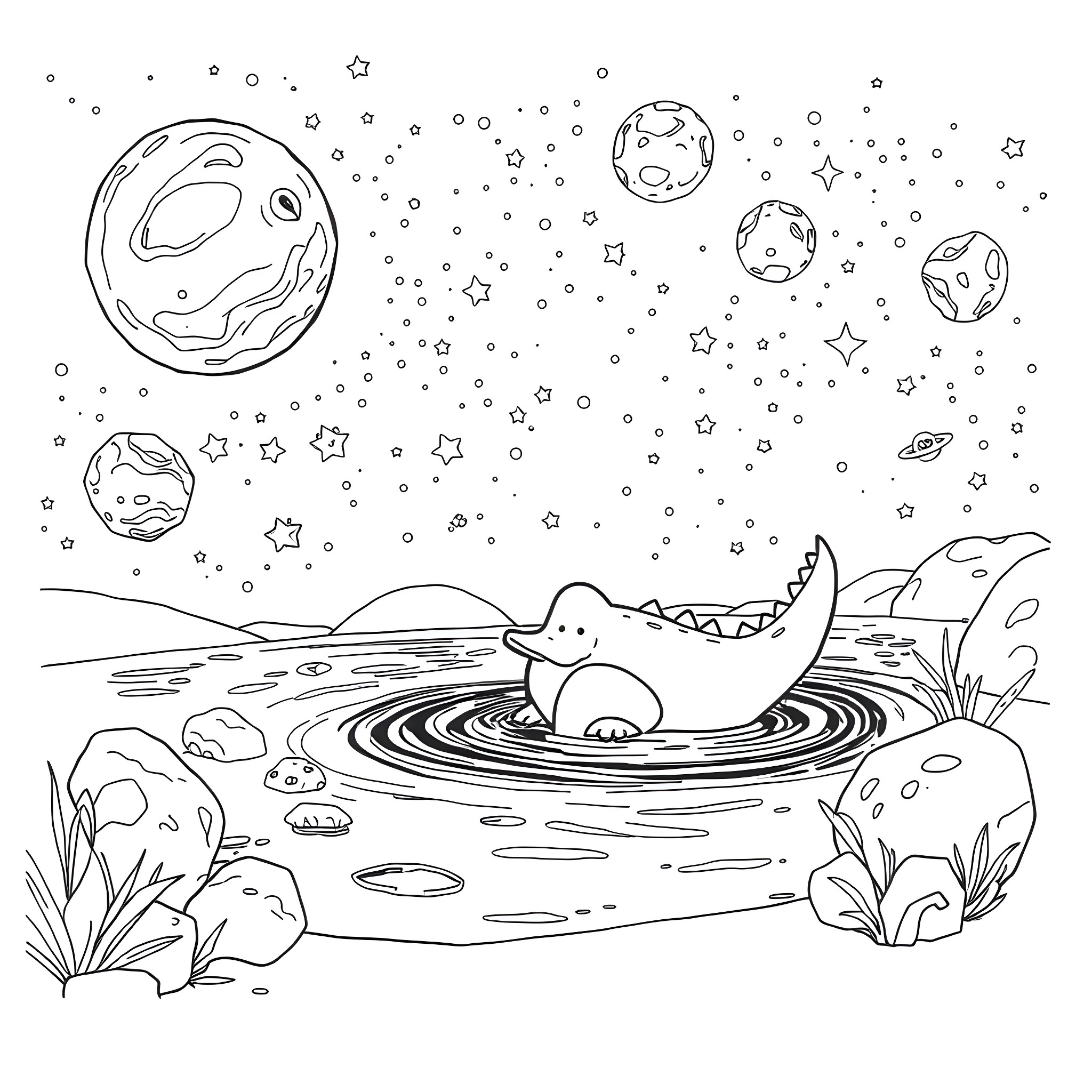Dinosaur Duck splashing in a cosmic pond Coloring Page (free black-and-white line drawing printable PDF for all, from beginners to advanced learners, including children, teens, adults, and seniors)