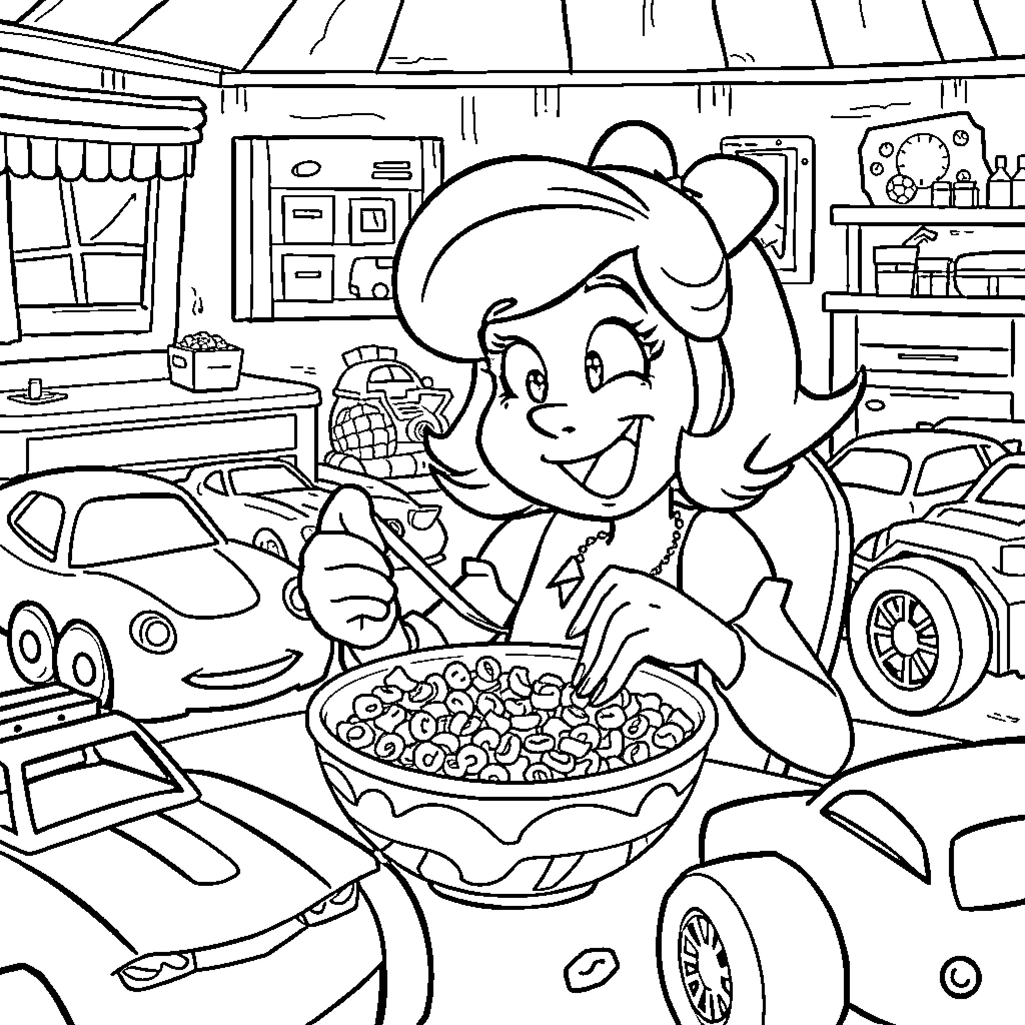 Sally enjoys a tasty snack in her auto repair shop Coloring Page (free black-and-white line drawing printable PDF for all, from beginners to advanced learners, including children, teens, adults, and seniors)