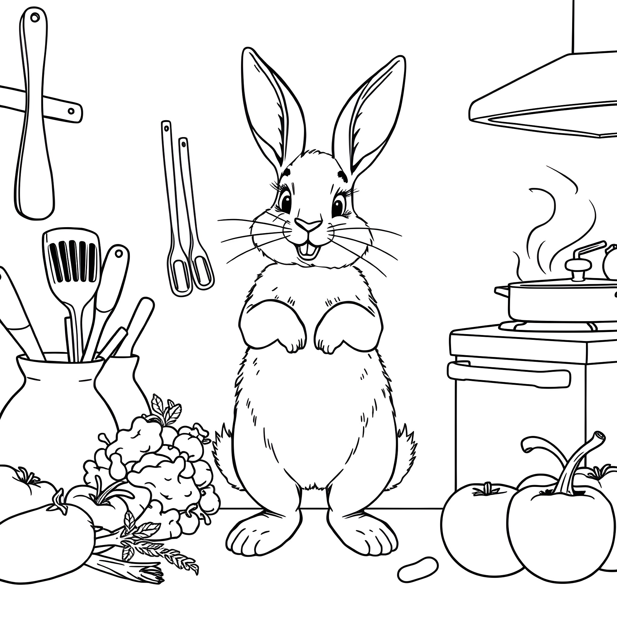 Bunny in the kitchen with cooking utensils Coloring Page (free black-and-white line drawing printable PDF for all, from beginners to advanced learners, including children, teens, adults, and seniors)