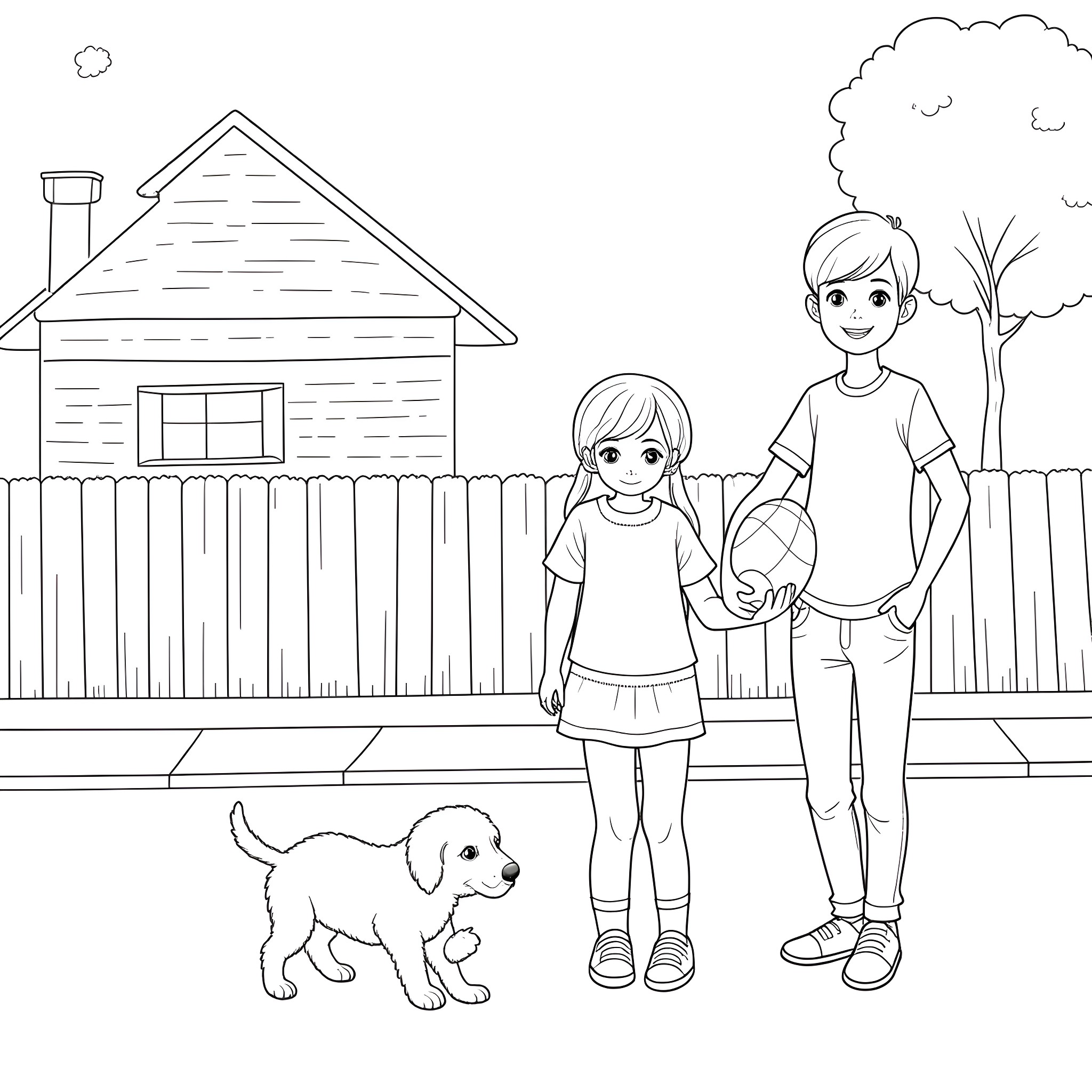 Child and companion walk dog in front of house Coloring Page (free black-and-white line drawing printable PDF for all, from beginners to advanced learners, including children, teens, adults, and seniors)