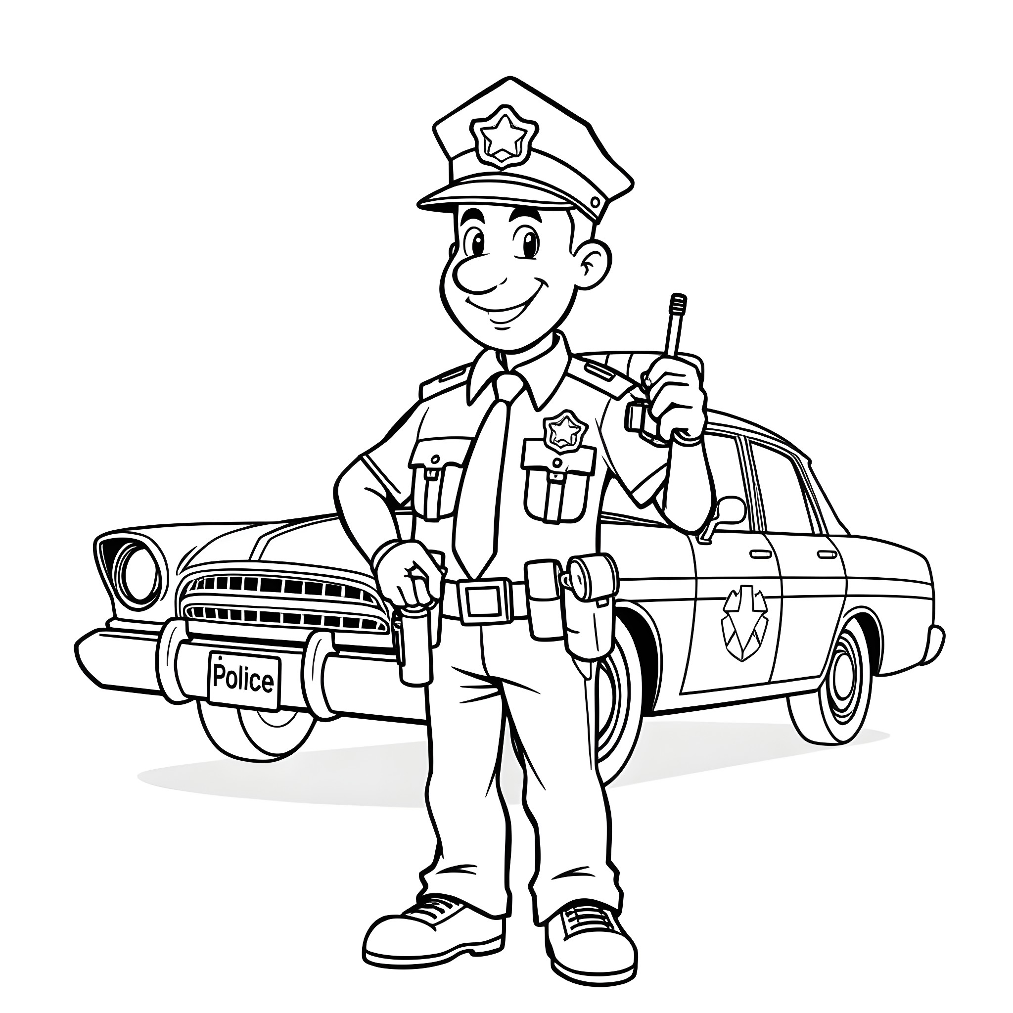 Police Officer Standing Next to Police Car Coloring Page (free black-and-white line drawing printable PDF for all, from beginners to advanced learners, including children, teens, adults, and seniors)