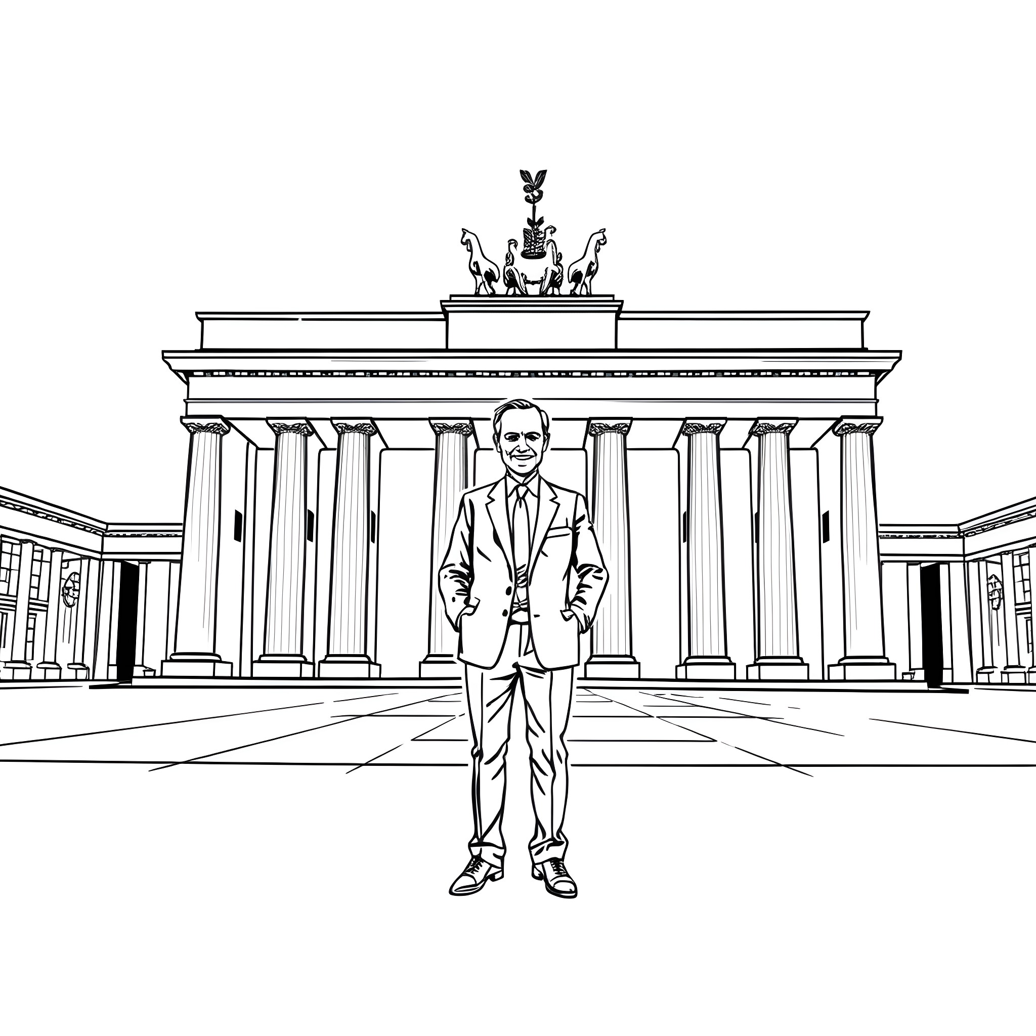 Diplomat stands proudly before iconic landmark Coloring Page (free black-and-white line drawing printable PDF for all, from beginners to advanced learners, including children, teens, adults, and seniors)