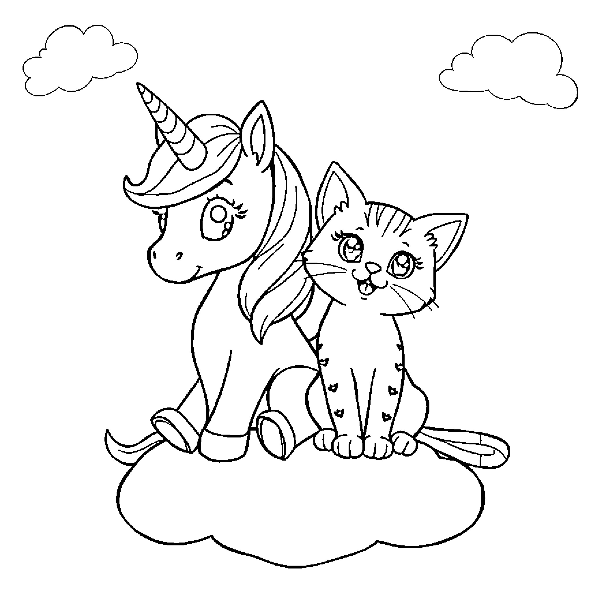 Unicorn and kitten playing together on cloud Coloring Page (free black-and-white line drawing printable PDF for all, from beginners to advanced learners, including children, teens, adults, and seniors)