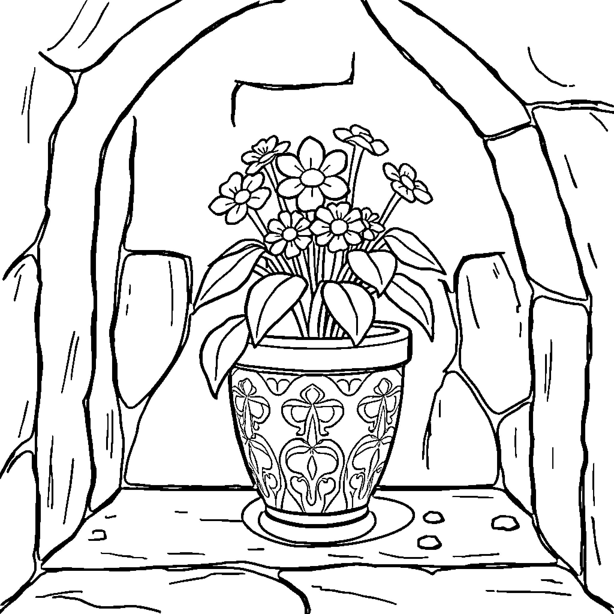 Flower Pot Surrounded by Rocks and Foliage Coloring Page (free black-and-white line drawing printable PDF for all, from beginners to advanced learners, including children, teens, adults, and seniors)