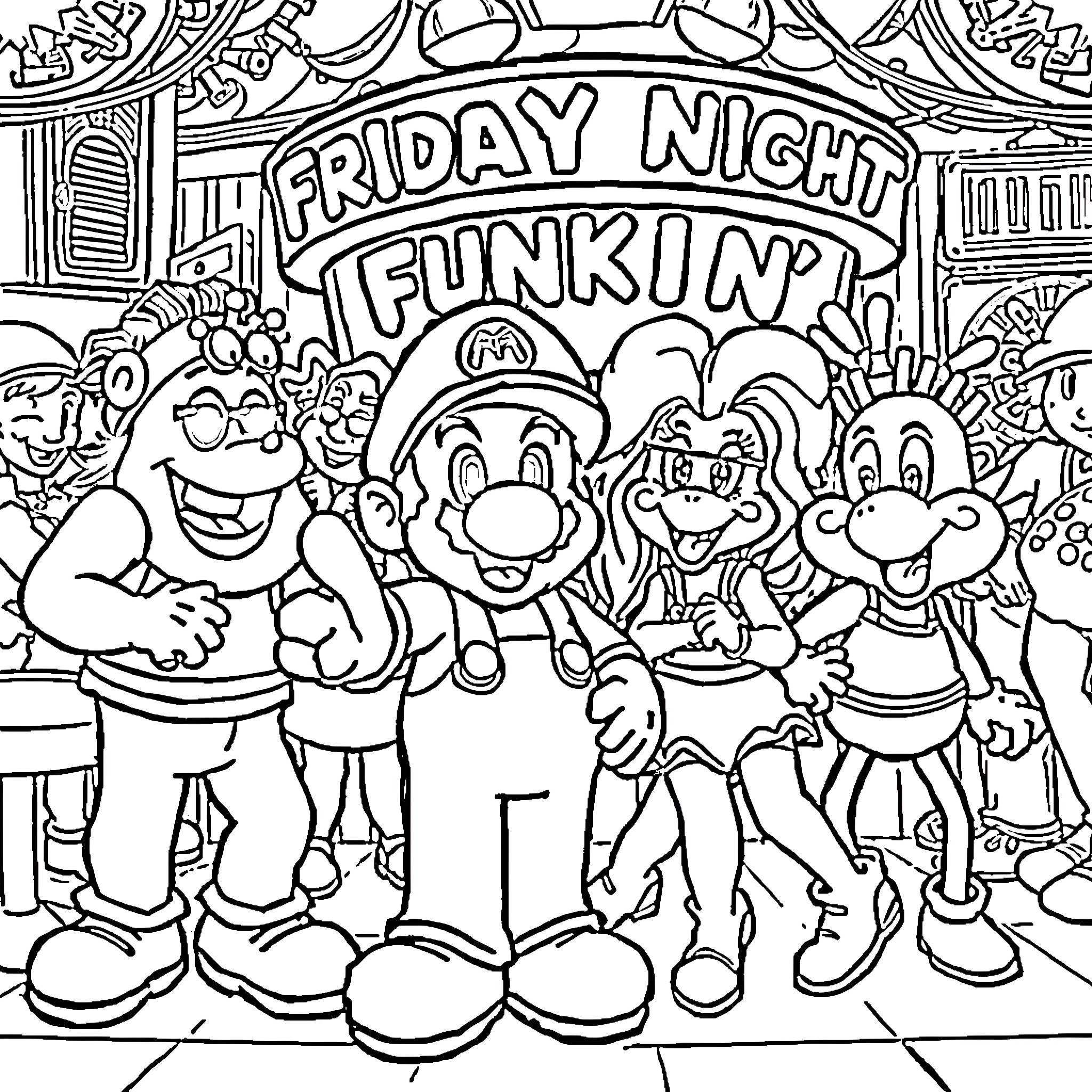 Mario and Friends Enjoying Friday Night Funkin' Coloring Page (free black-and-white line drawing printable PDF for all, from beginners to advanced learners, including children, teens, adults, and seniors)