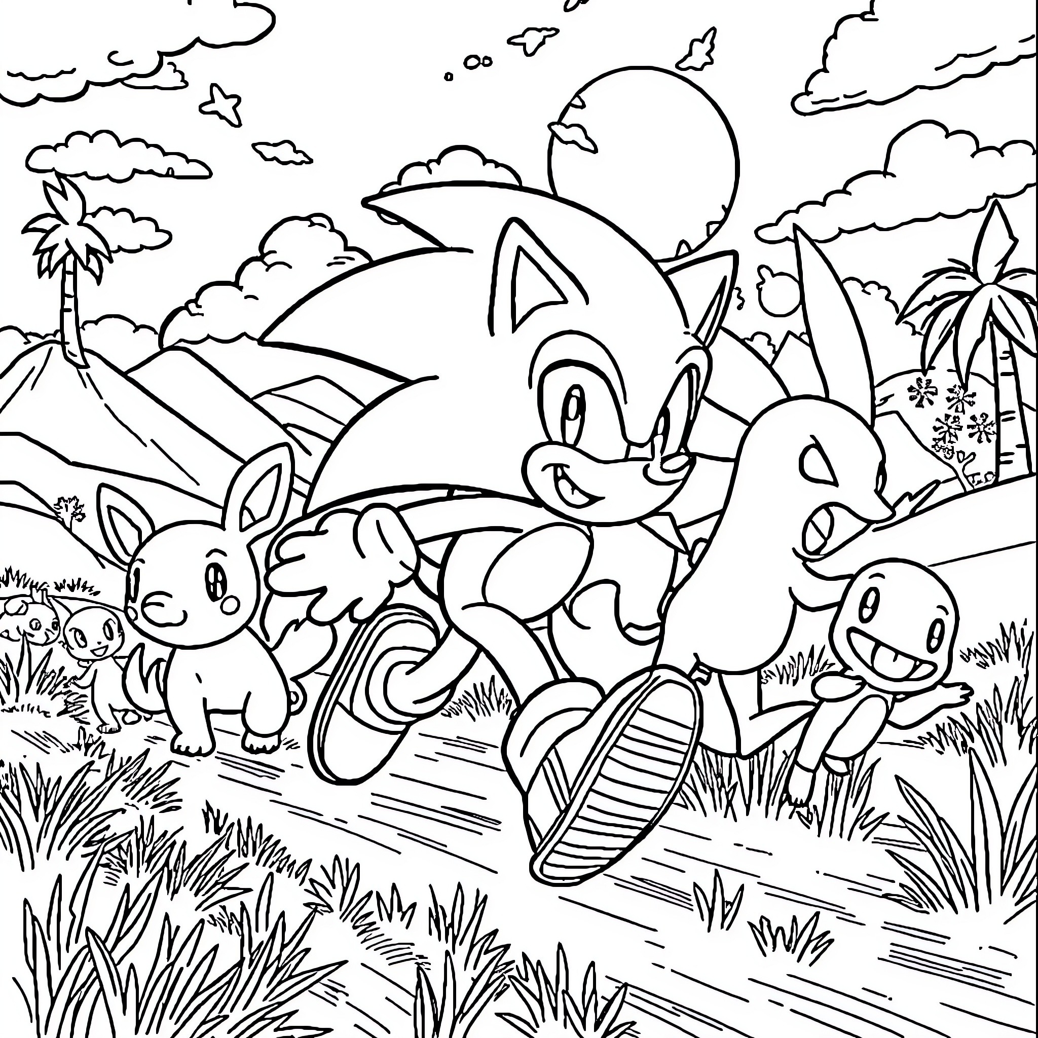 Sonic's Tropical Adventure with Friends Coloring Page (free black-and-white line drawing printable PDF for all, from beginners to advanced learners, including children, teens, adults, and seniors)
