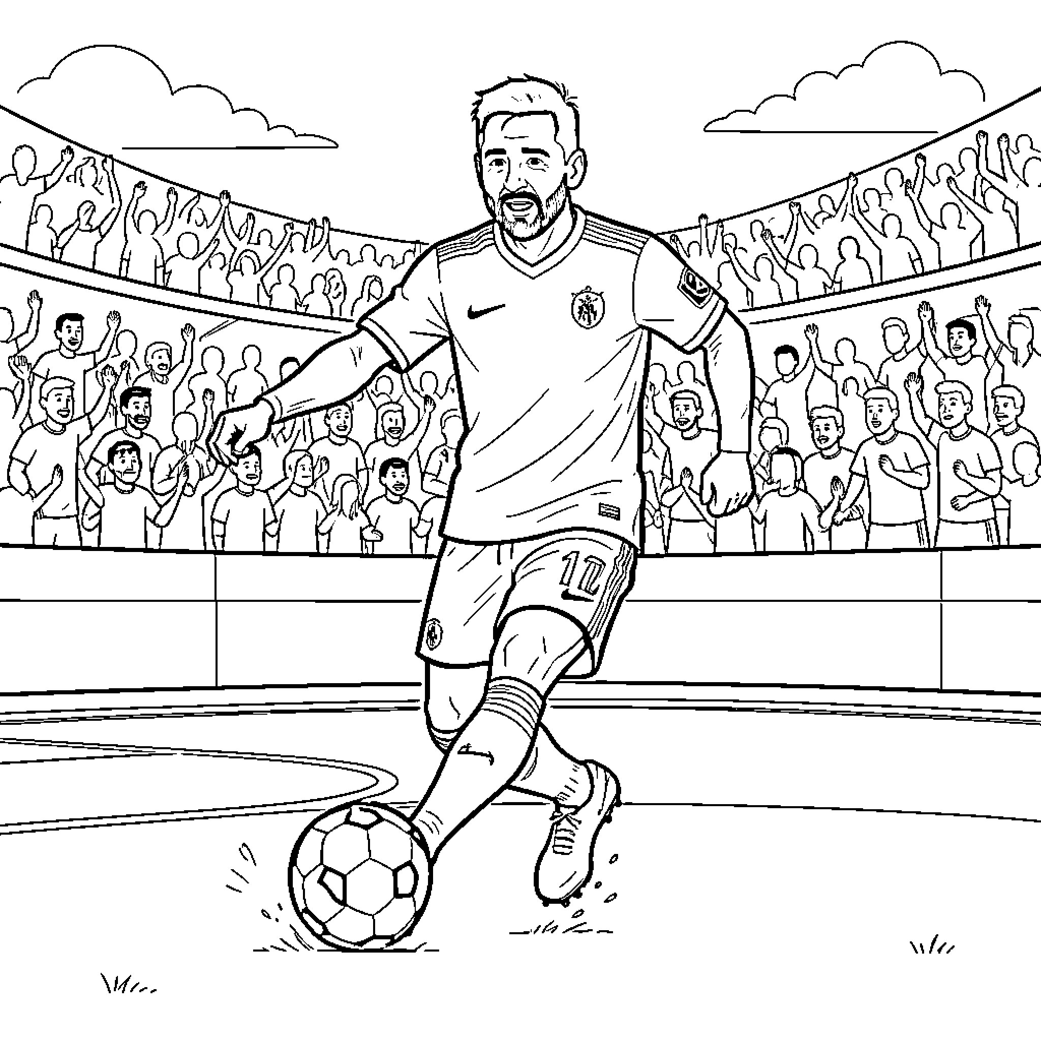 Lionel Messi dribbling a soccer ball in a stadium Coloring Page (free black-and-white line drawing printable PDF for all, from beginners to advanced learners, including children, teens, adults, and seniors)