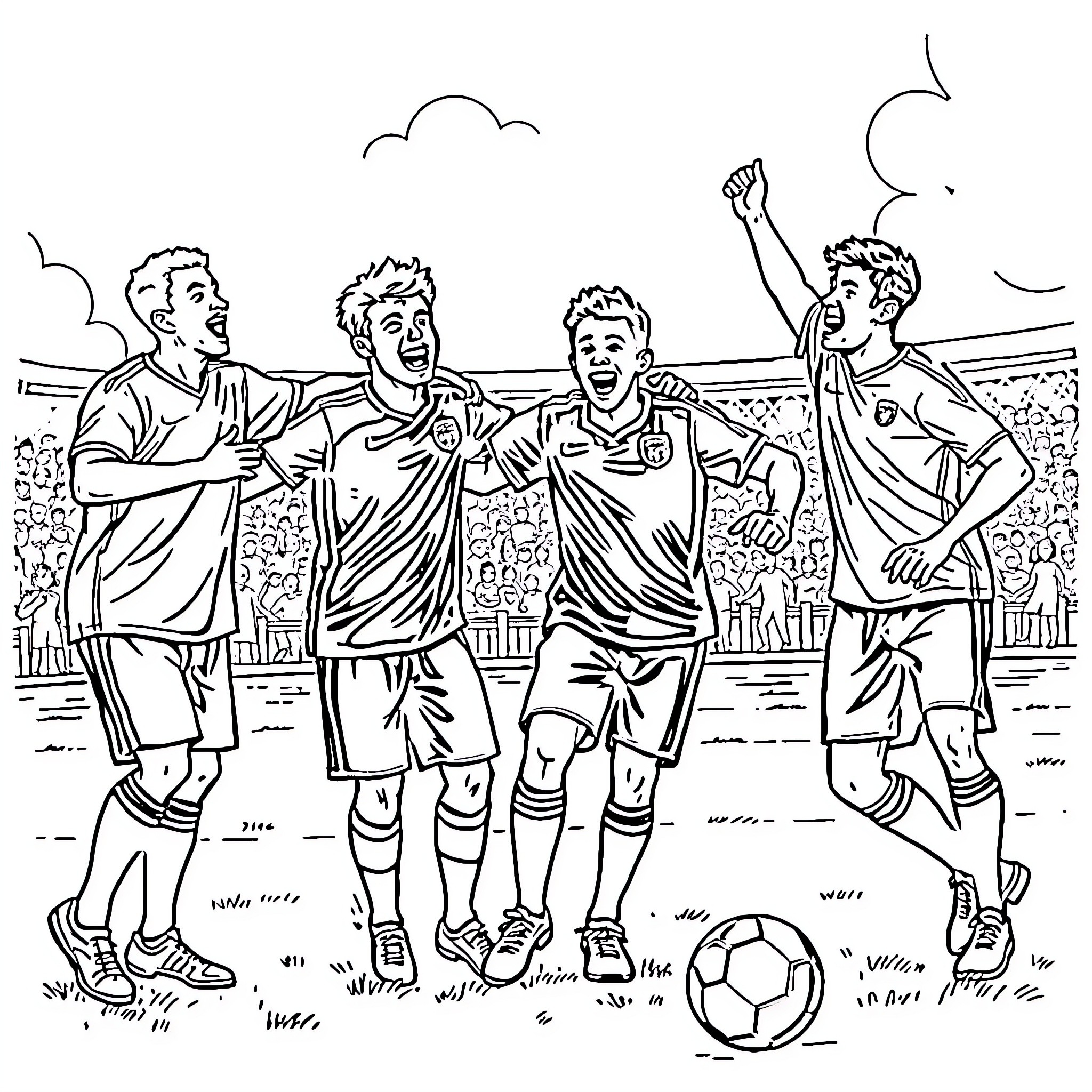 Goal Celebration of Victorious Soccer Players Coloring Page (free black-and-white line drawing printable PDF for all, from beginners to advanced learners, including children, teens, adults, and seniors)