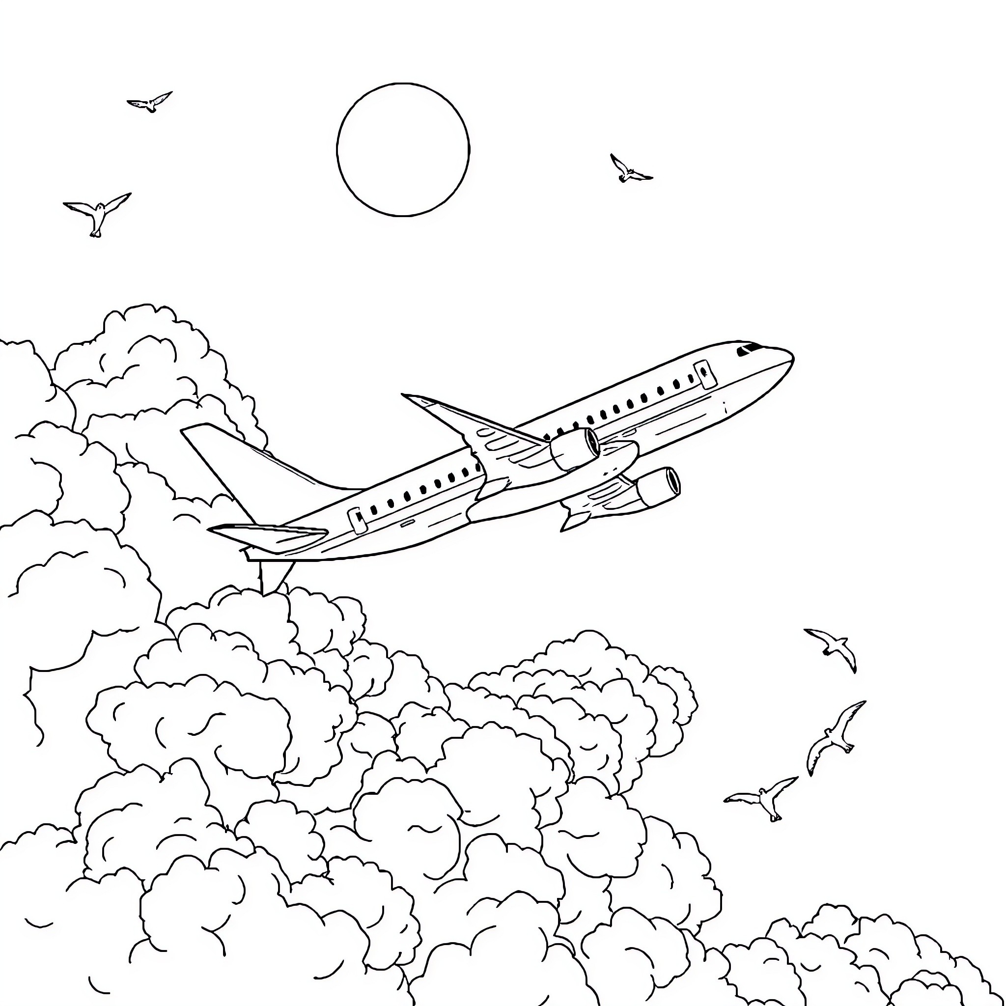 Airplane soaring through the cloudy skies Coloring Page (free black-and-white line drawing printable PDF for all, from beginners to advanced learners, including children, teens, adults, and seniors)