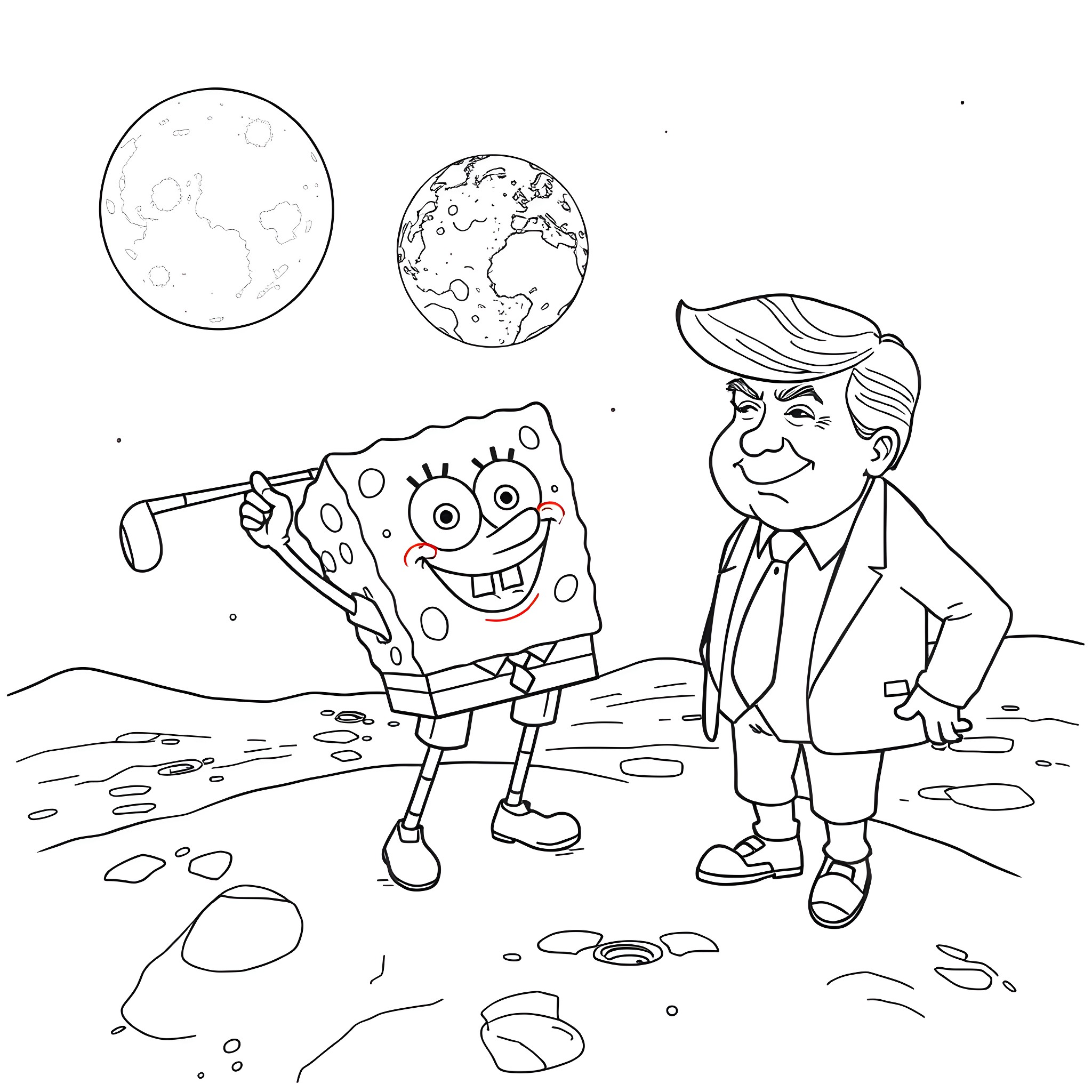 Spongebob and the Scientist on the Lunar Landscape Coloring Page (free black-and-white line drawing printable PDF for all, from beginners to advanced learners, including children, teens, adults, and seniors)