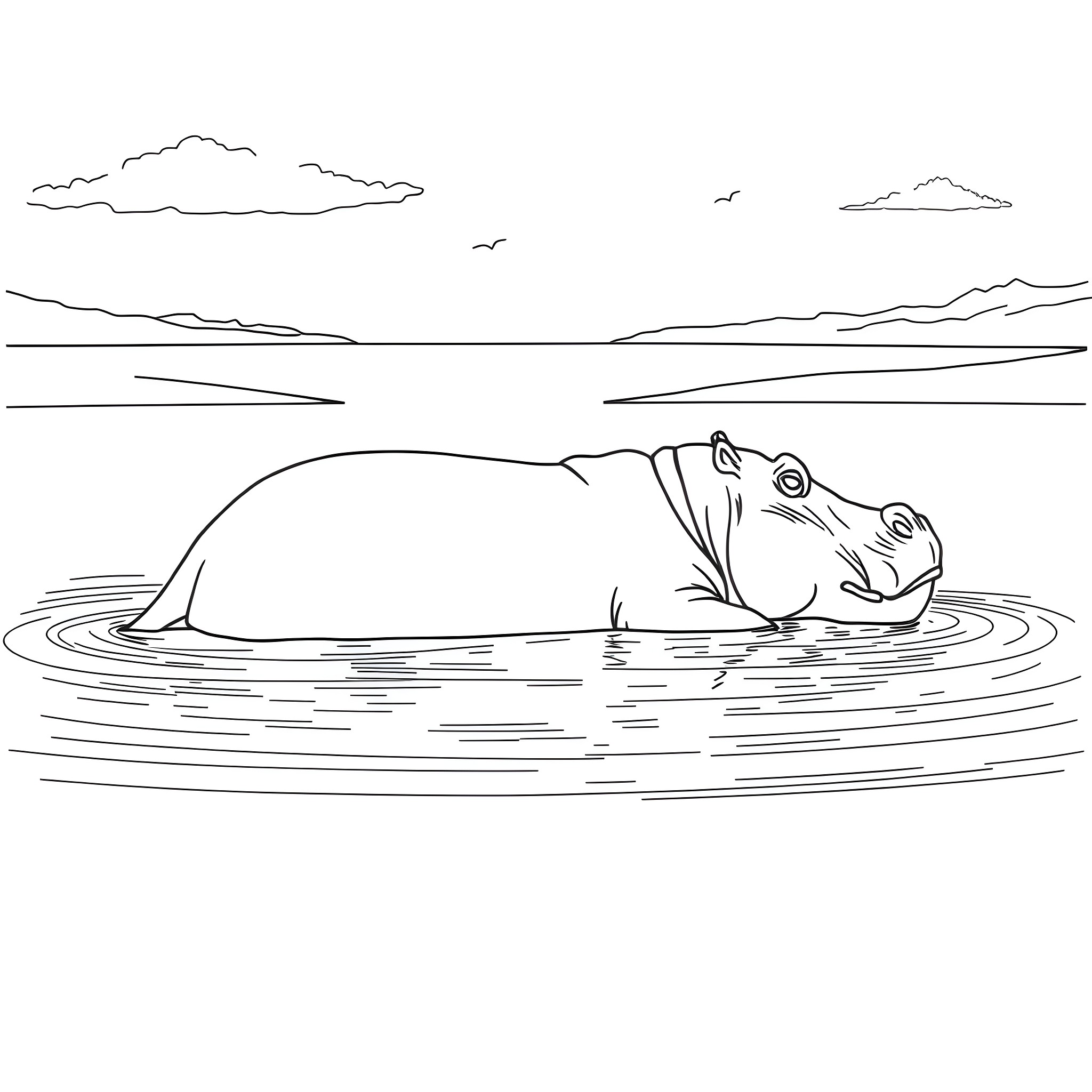 Hippopotamus relaxing in the water Coloring Page (free black-and-white line drawing printable PDF for all, from beginners to advanced learners, including children, teens, adults, and seniors)