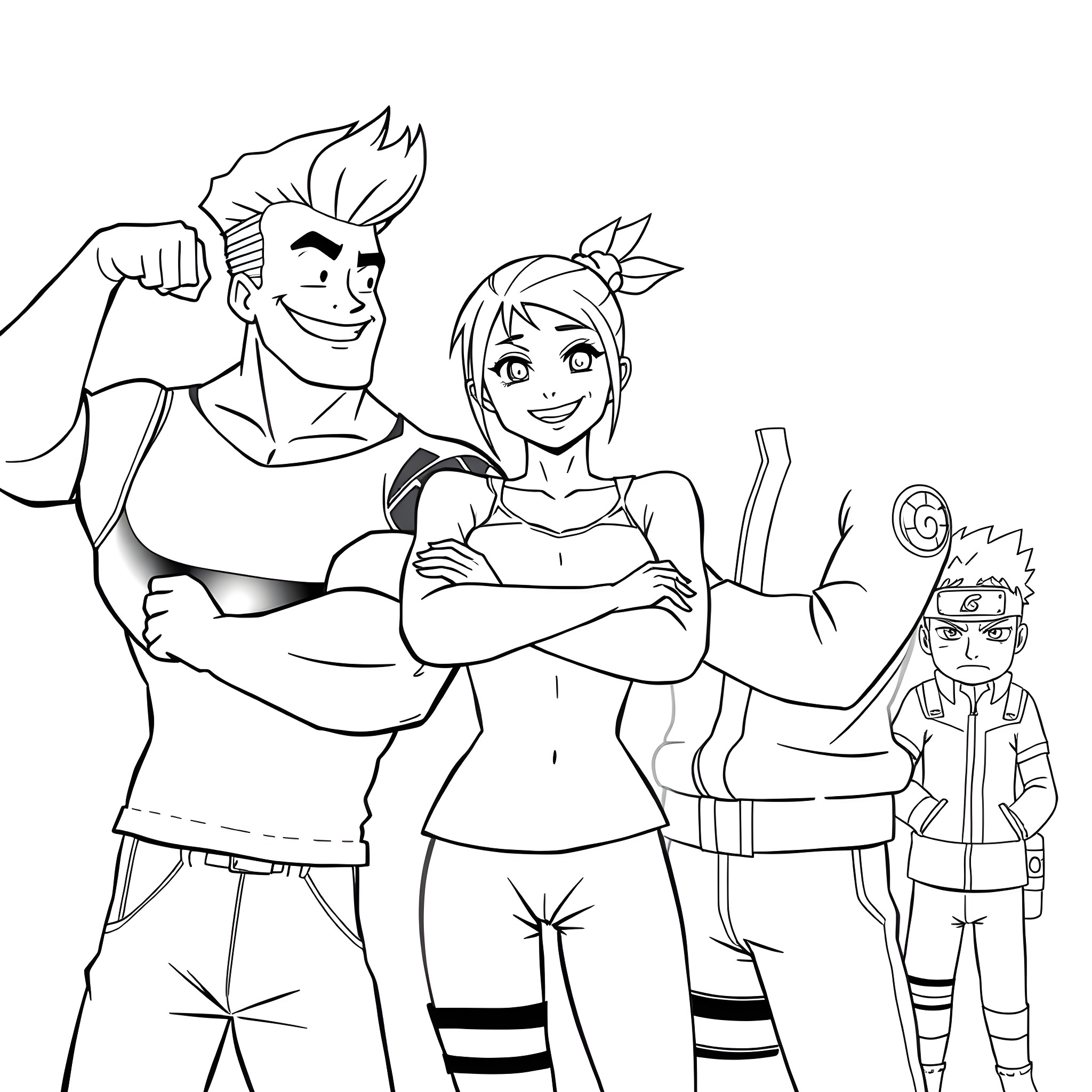 Johnny Bravo and his friends in action Coloring Page (free black-and-white line drawing printable PDF for all, from beginners to advanced learners, including children, teens, adults, and seniors)